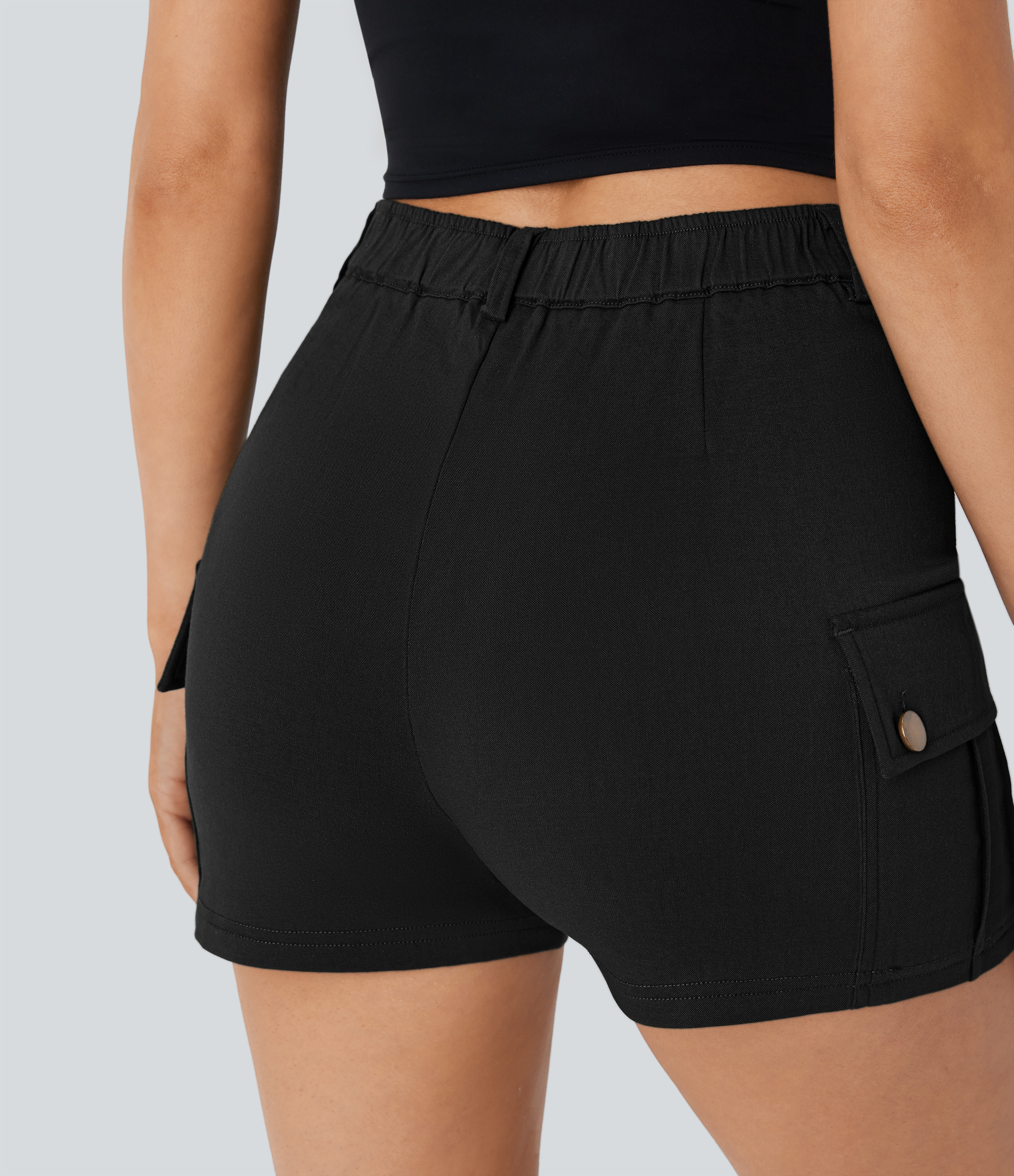 Halara High Waisted Button Zipper Side Flap Pocket Casual Cargo Shorts  - Black - M booty shorts compression shorts yoga shorts 