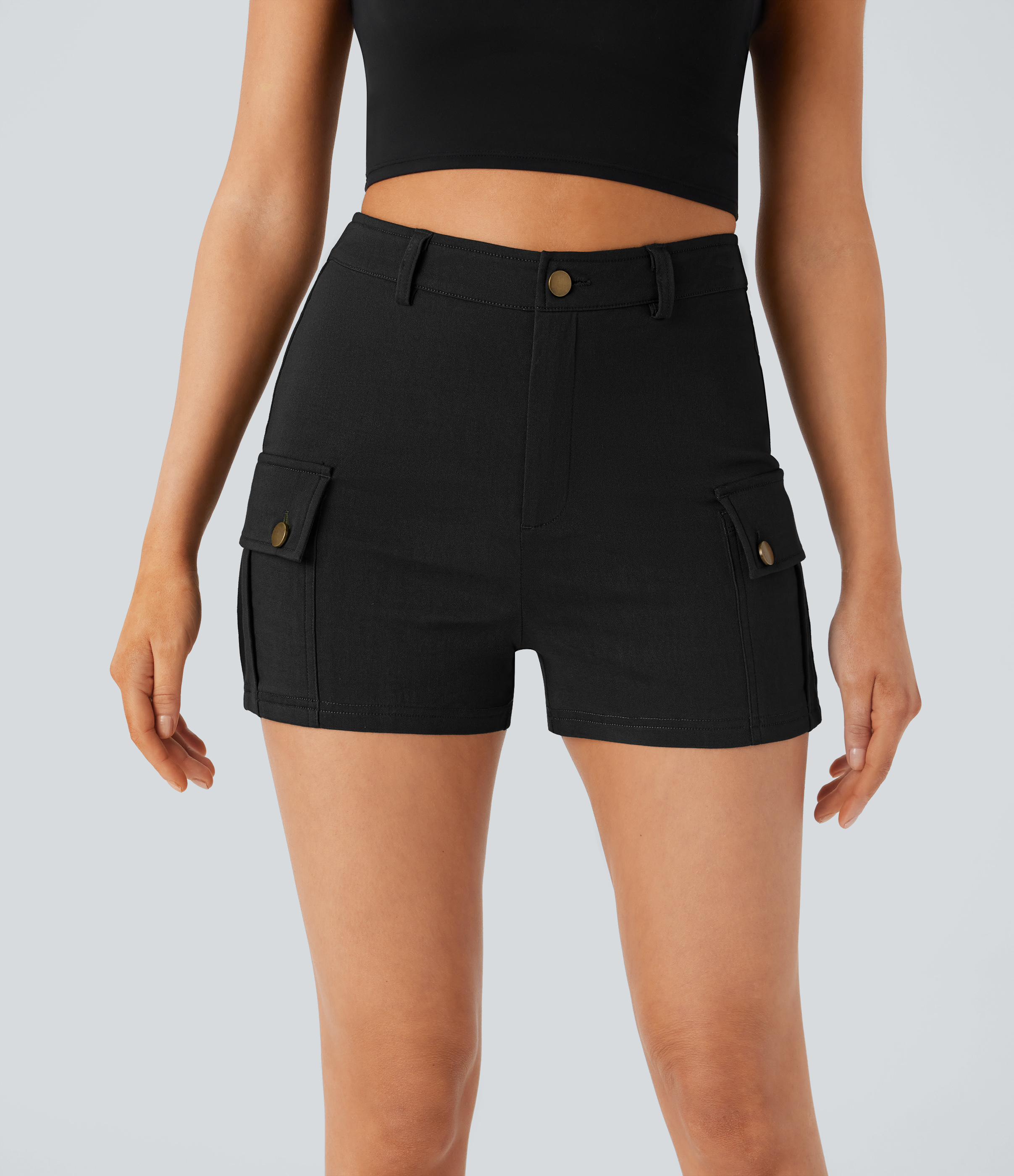 Halara High Waisted Button Zipper Side Flap Pocket Casual Cargo Shorts  - Black - M booty shorts compression shorts yoga shorts 