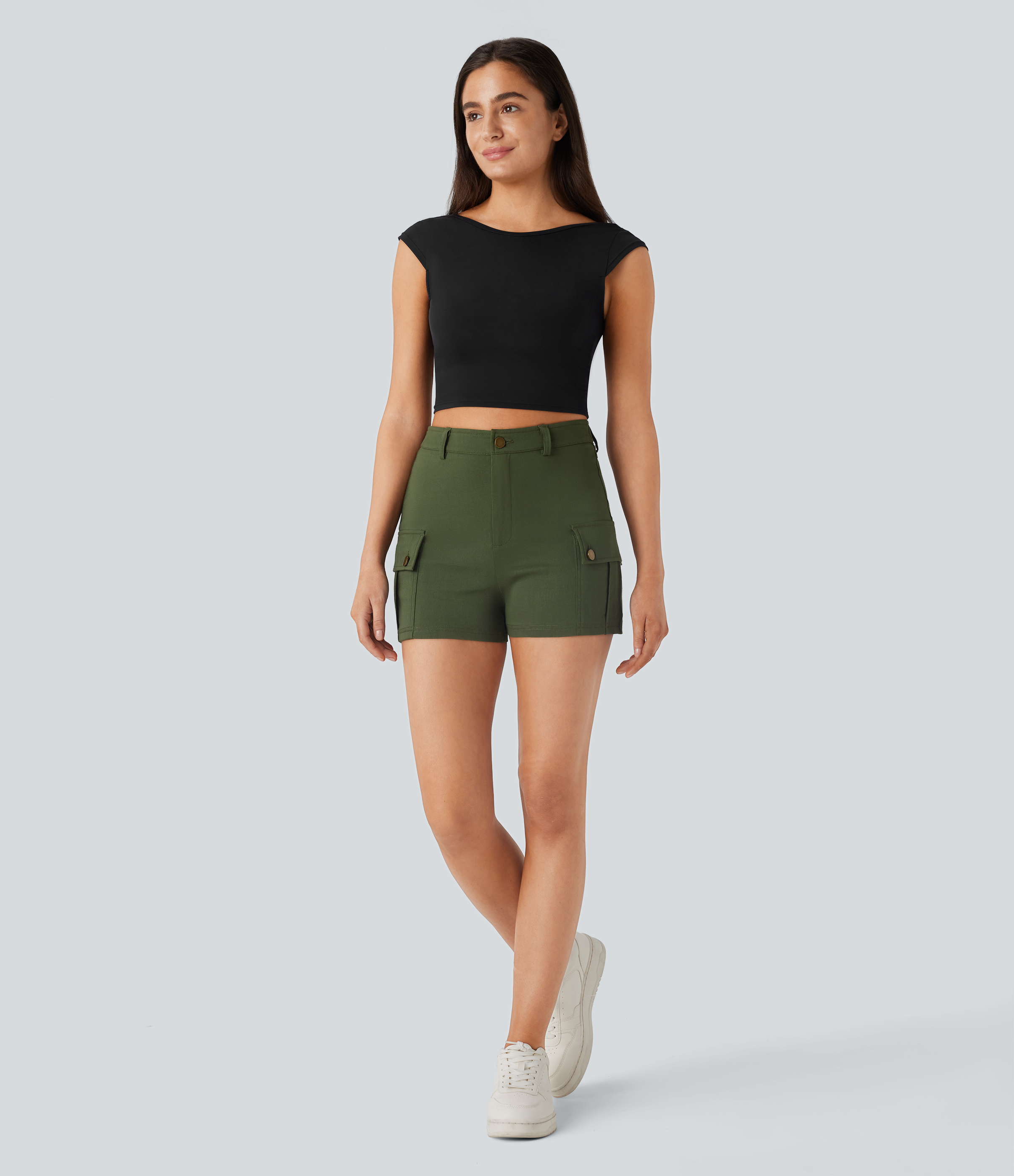 Halara High Waisted Button Zipper Side Flap Pocket Casual Cargo Shorts  - Rifle Green - L booty shorts compression shorts yoga shorts 