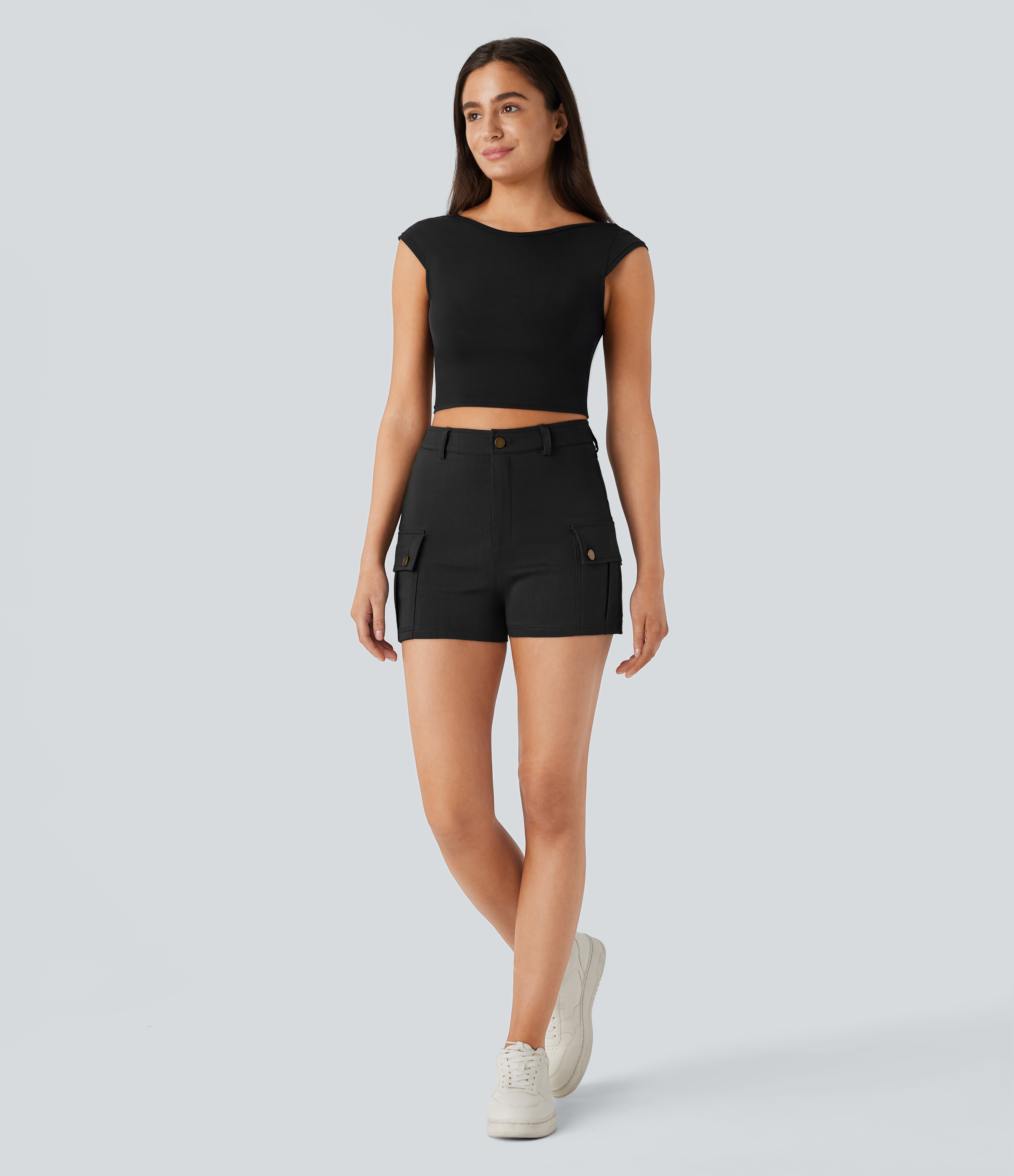 Halara High Waisted Button Zipper Side Flap Pocket Casual Cargo Shorts  - Black - M booty shorts compression shorts yoga shorts 