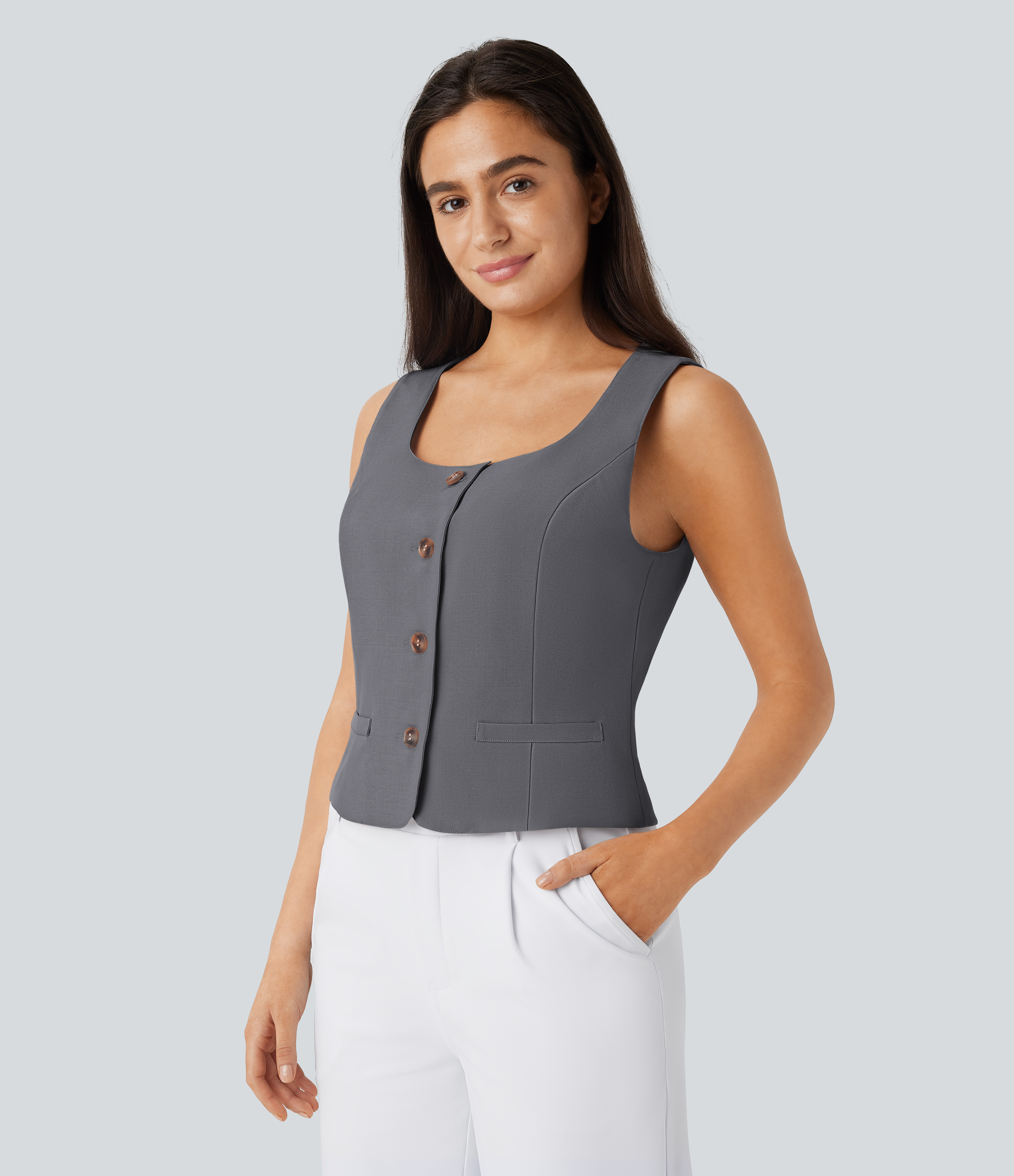 Halara Square Neck Button Slim Work Vest Tank Top - Dark Jade Grey - M golf tops halter top tunic tops sleeveless tops backless top 
