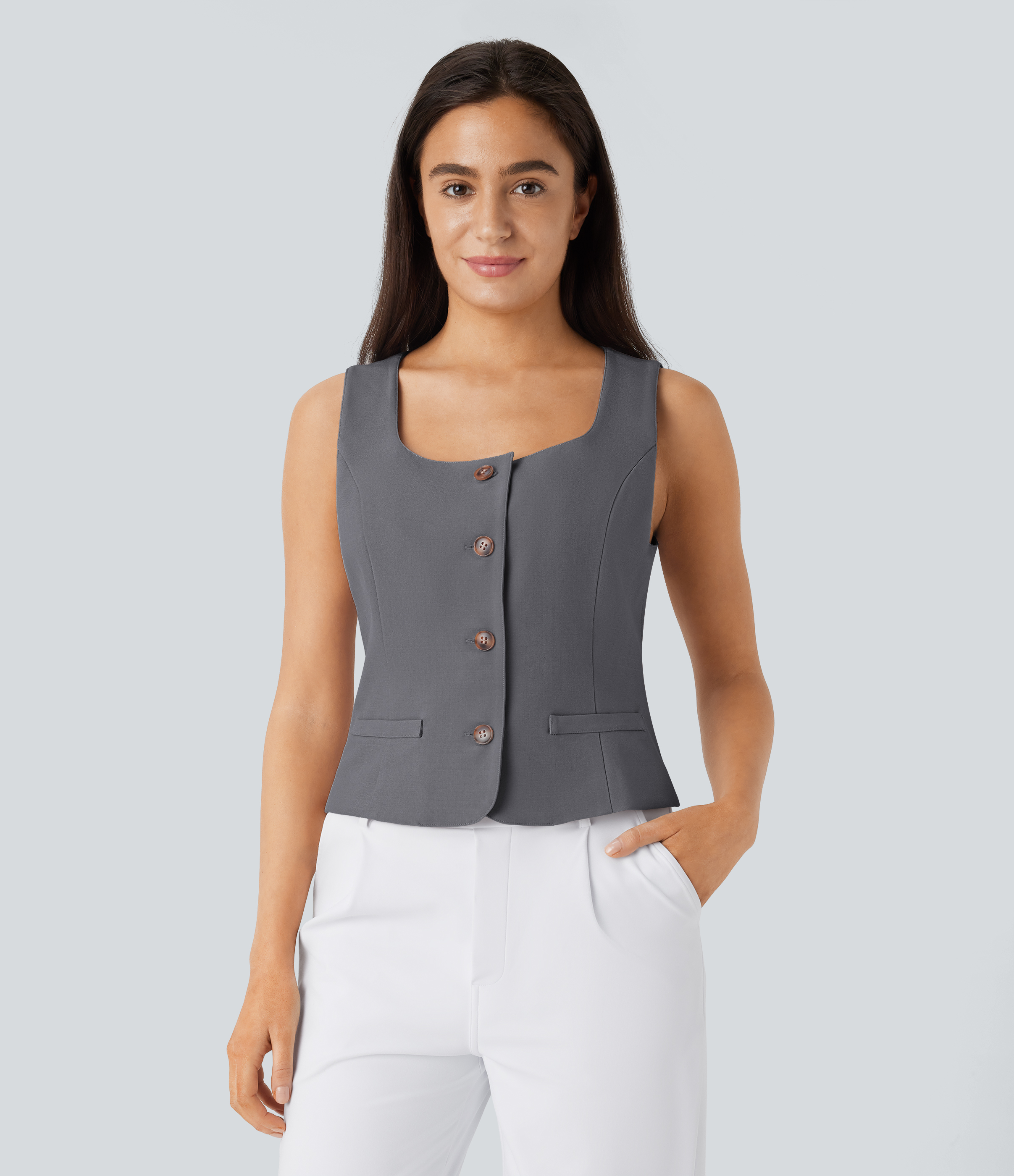 Halara Square Neck Button Slim Work Vest Tank Top - Dark Jade Grey - M golf tops halter top tunic tops sleeveless tops backless top 