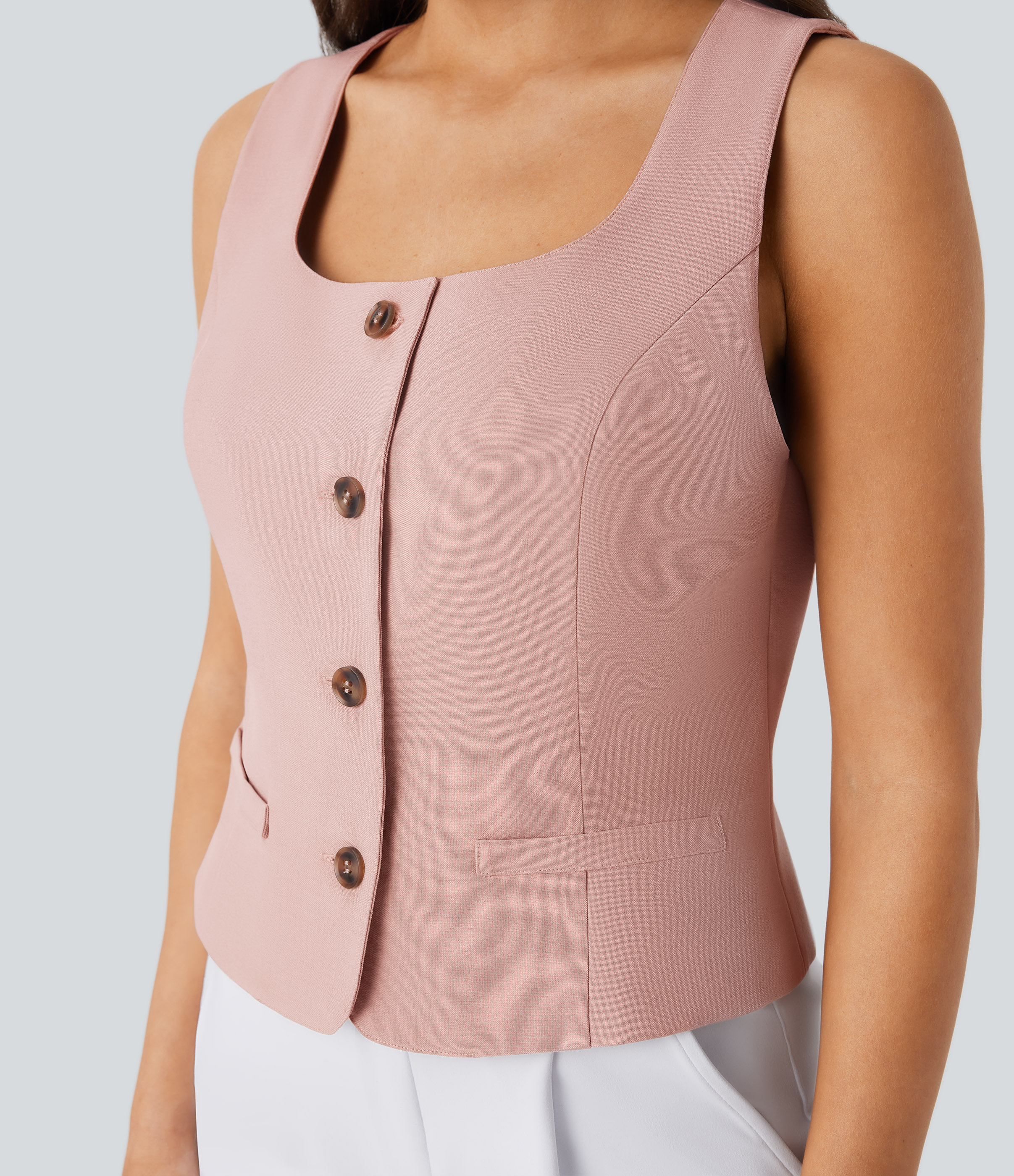 Halara Square Neck Button Slim Work Vest Tank Top - Earthy Khaki - L golf tops halter top tunic tops sleeveless tops backless top 