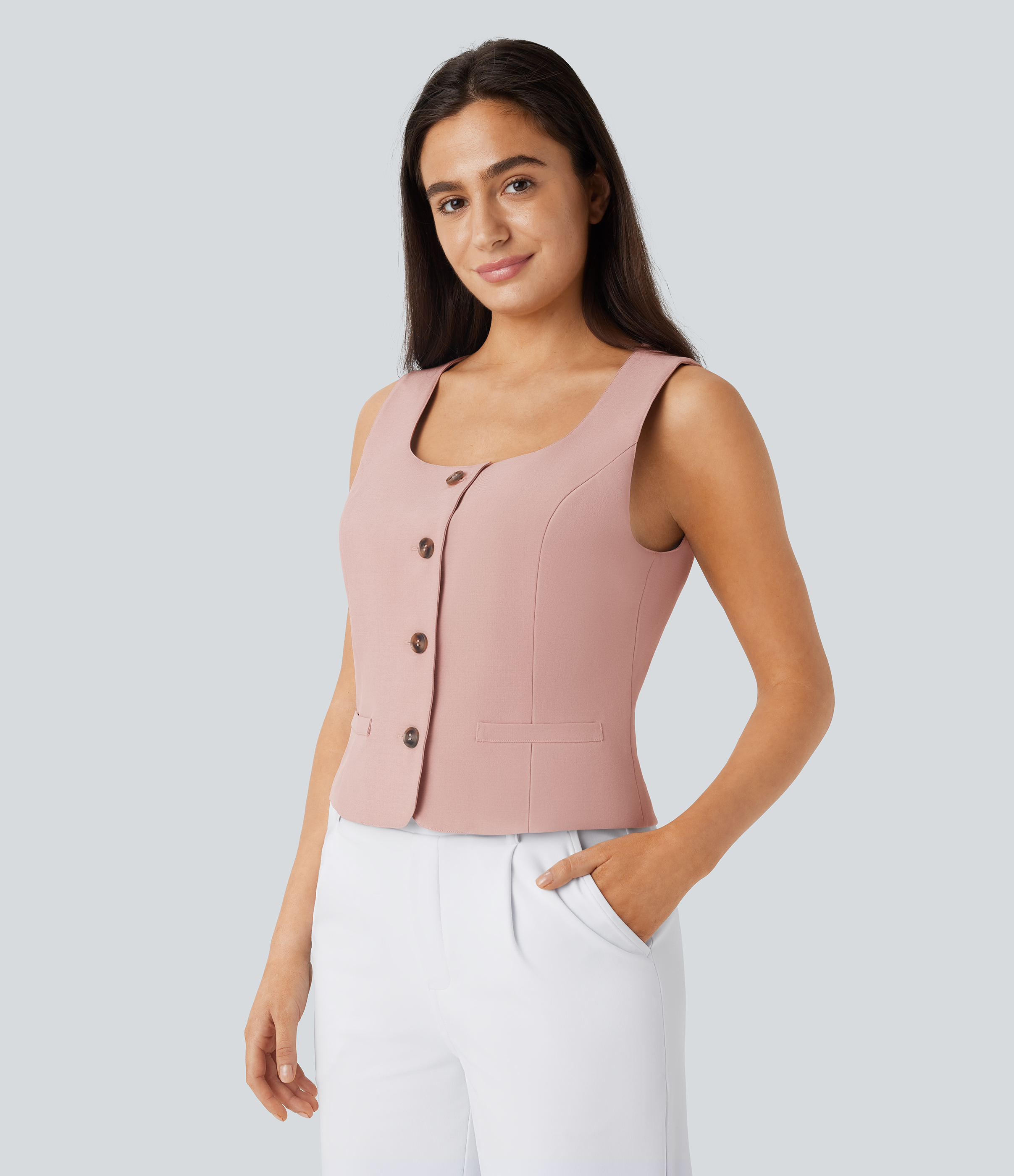 Halara Square Neck Button Slim Work Vest Tank Top - Earthy Khaki - L golf tops halter top tunic tops sleeveless tops backless top 