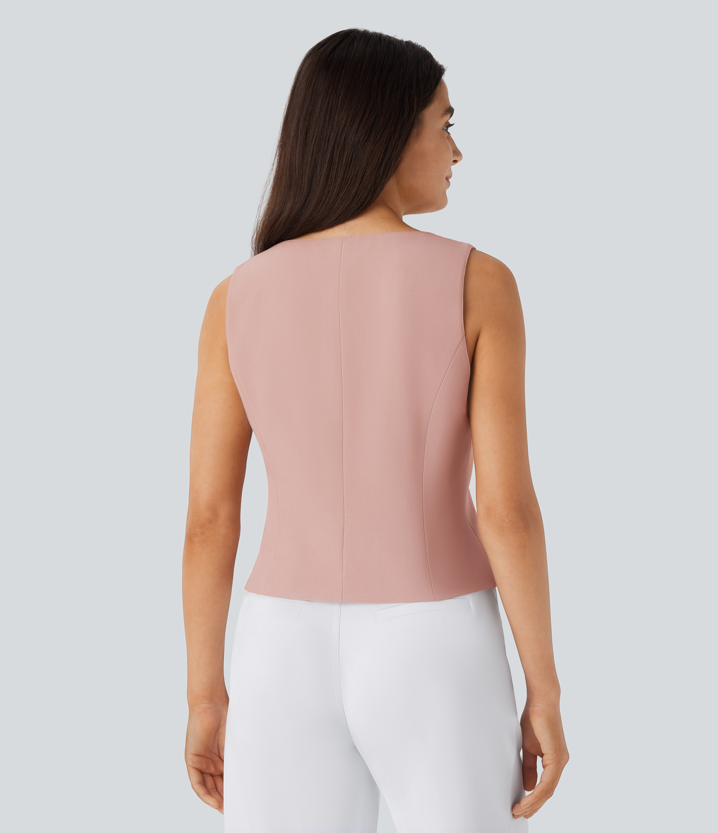 Halara Square Neck Button Slim Work Vest Tank Top - Earthy Khaki - L golf tops halter top tunic tops sleeveless tops backless top 