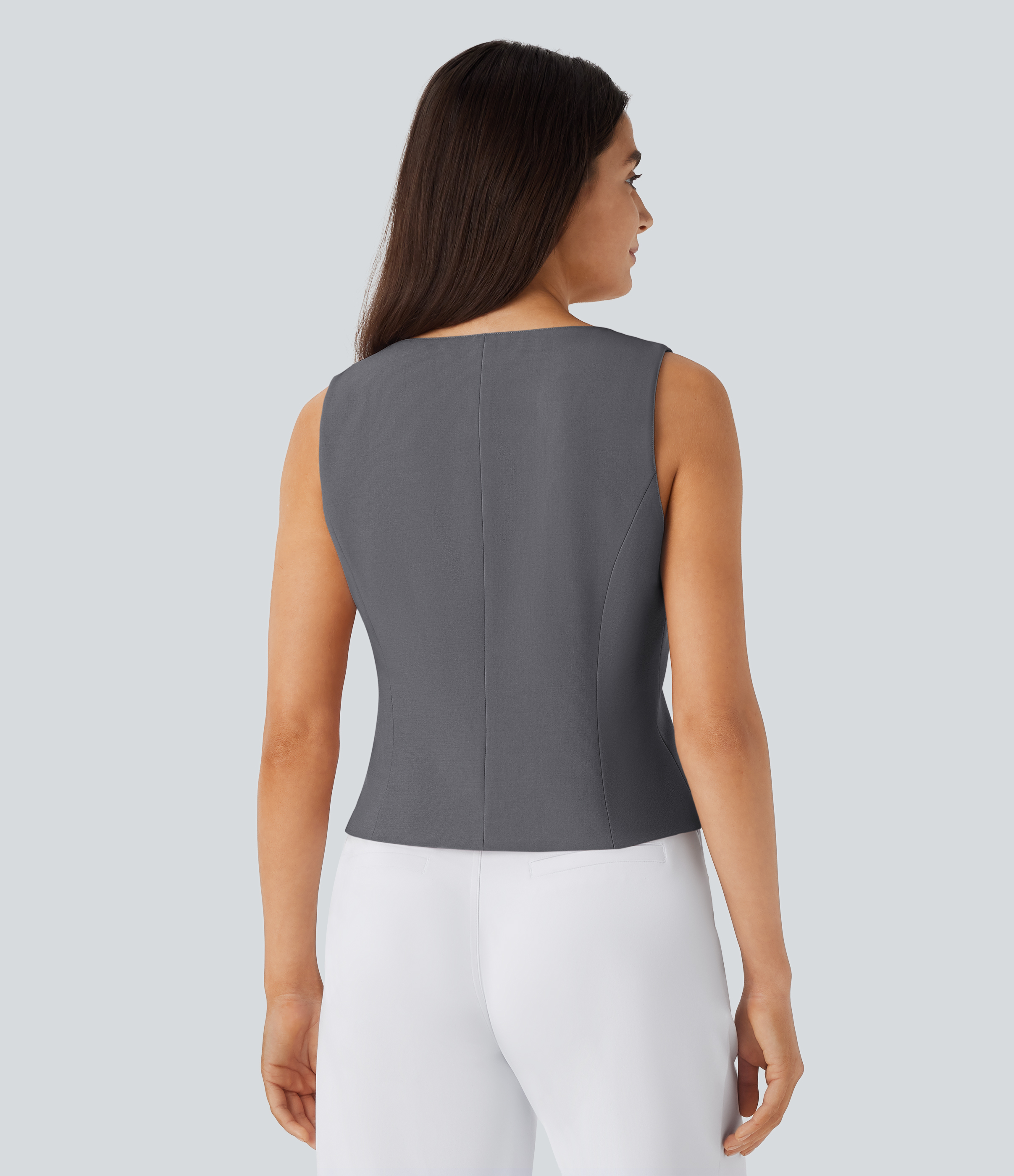 Halara Square Neck Button Slim Work Vest Tank Top - Dark Jade Grey - M golf tops halter top tunic tops sleeveless tops backless top 