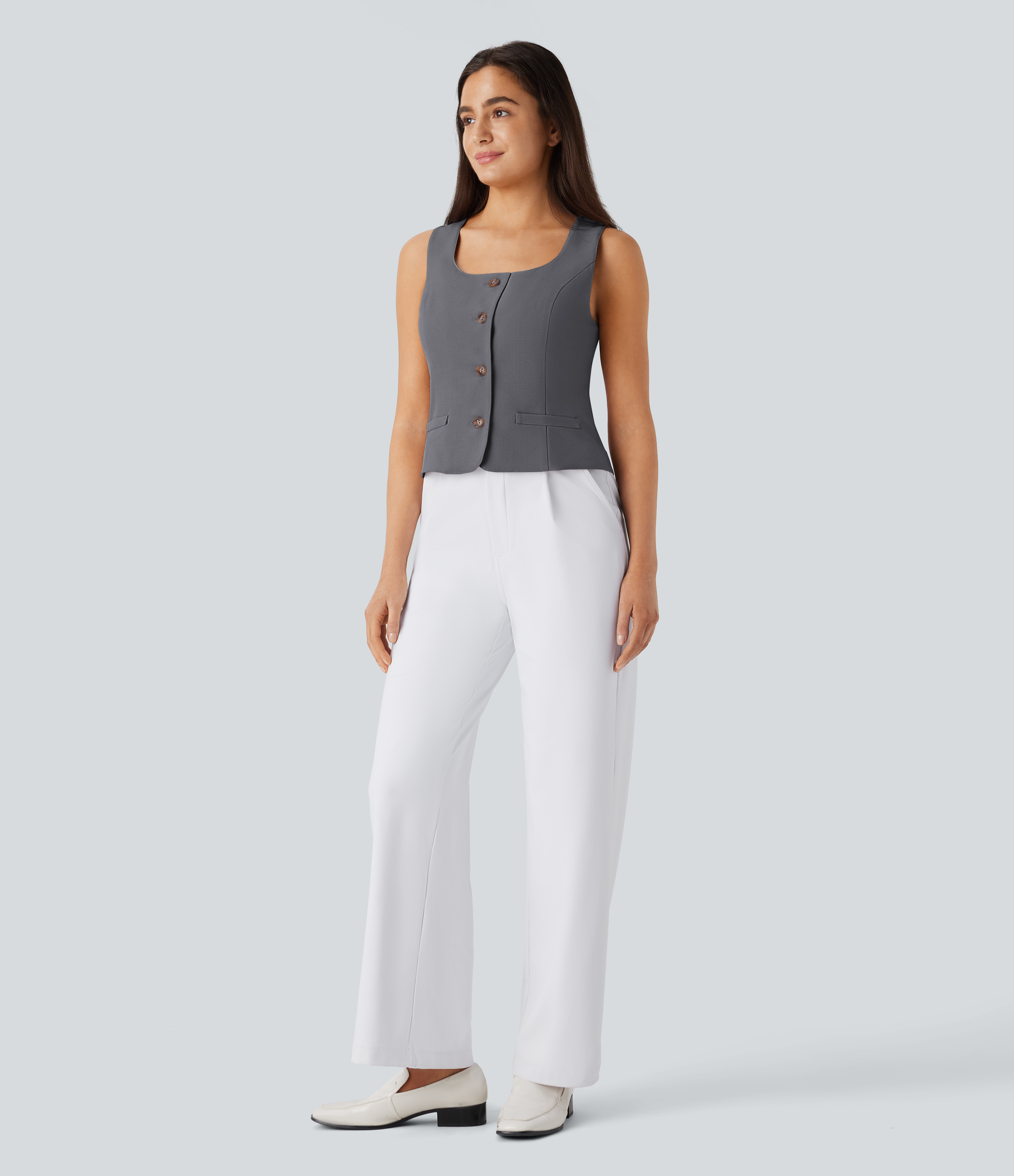 Halara Square Neck Button Slim Work Vest Tank Top - Dark Jade Grey - M golf tops halter top tunic tops sleeveless tops backless top 