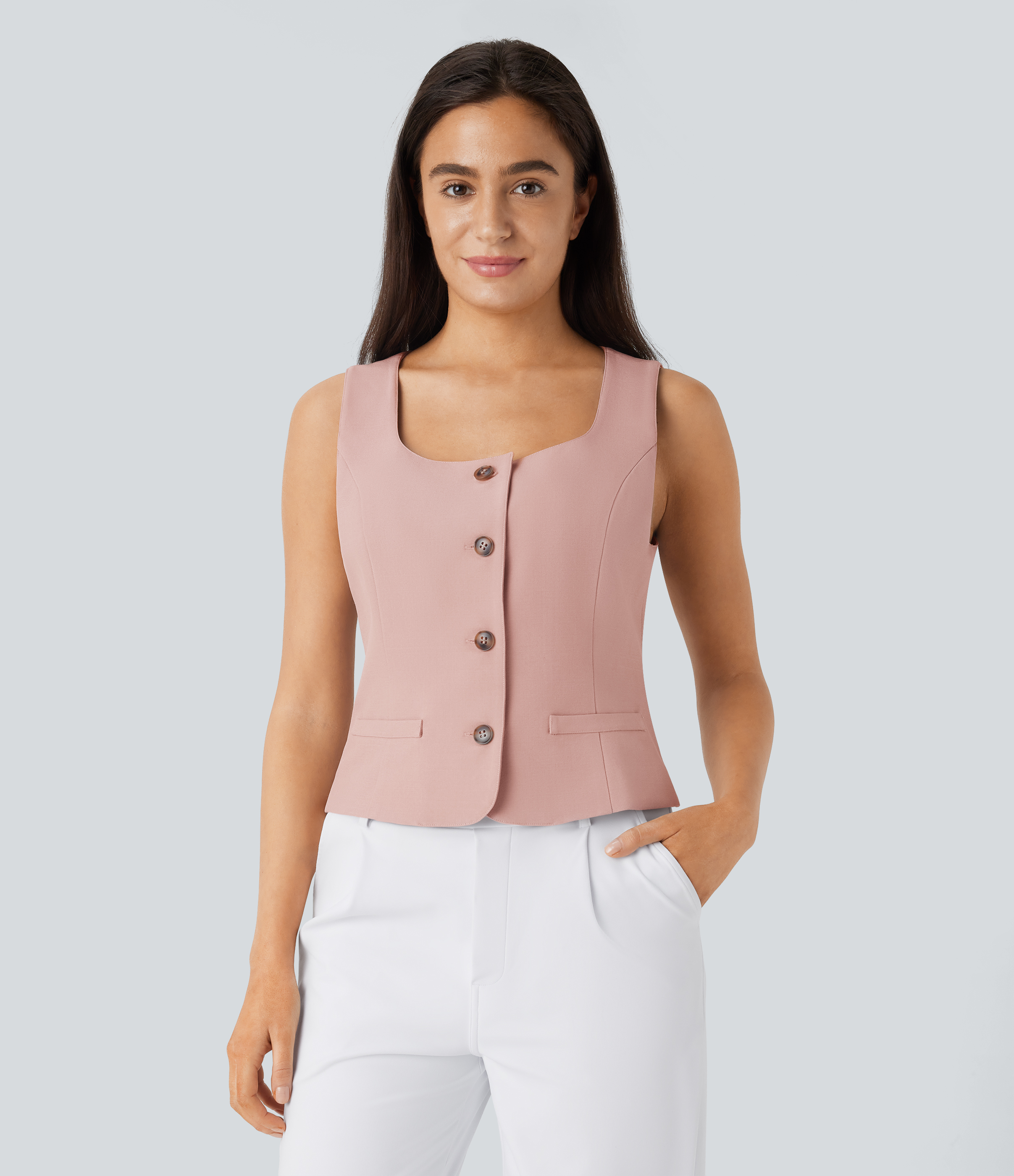 Halara Square Neck Button Slim Work Vest Tank Top - Earthy Khaki - L golf tops halter top tunic tops sleeveless tops backless top 