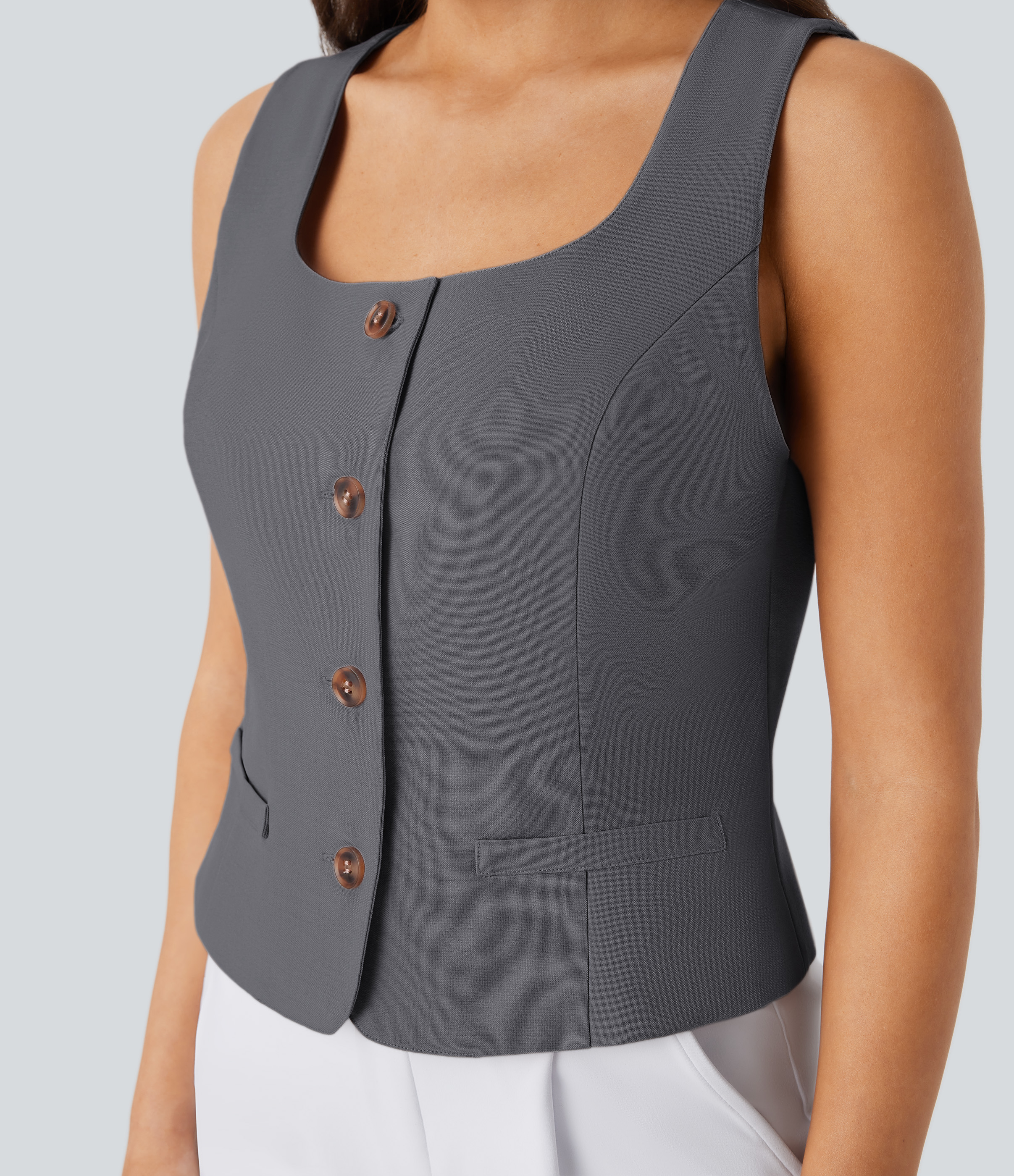 Halara Square Neck Button Slim Work Vest Tank Top - Dark Jade Grey - M golf tops halter top tunic tops sleeveless tops backless top 