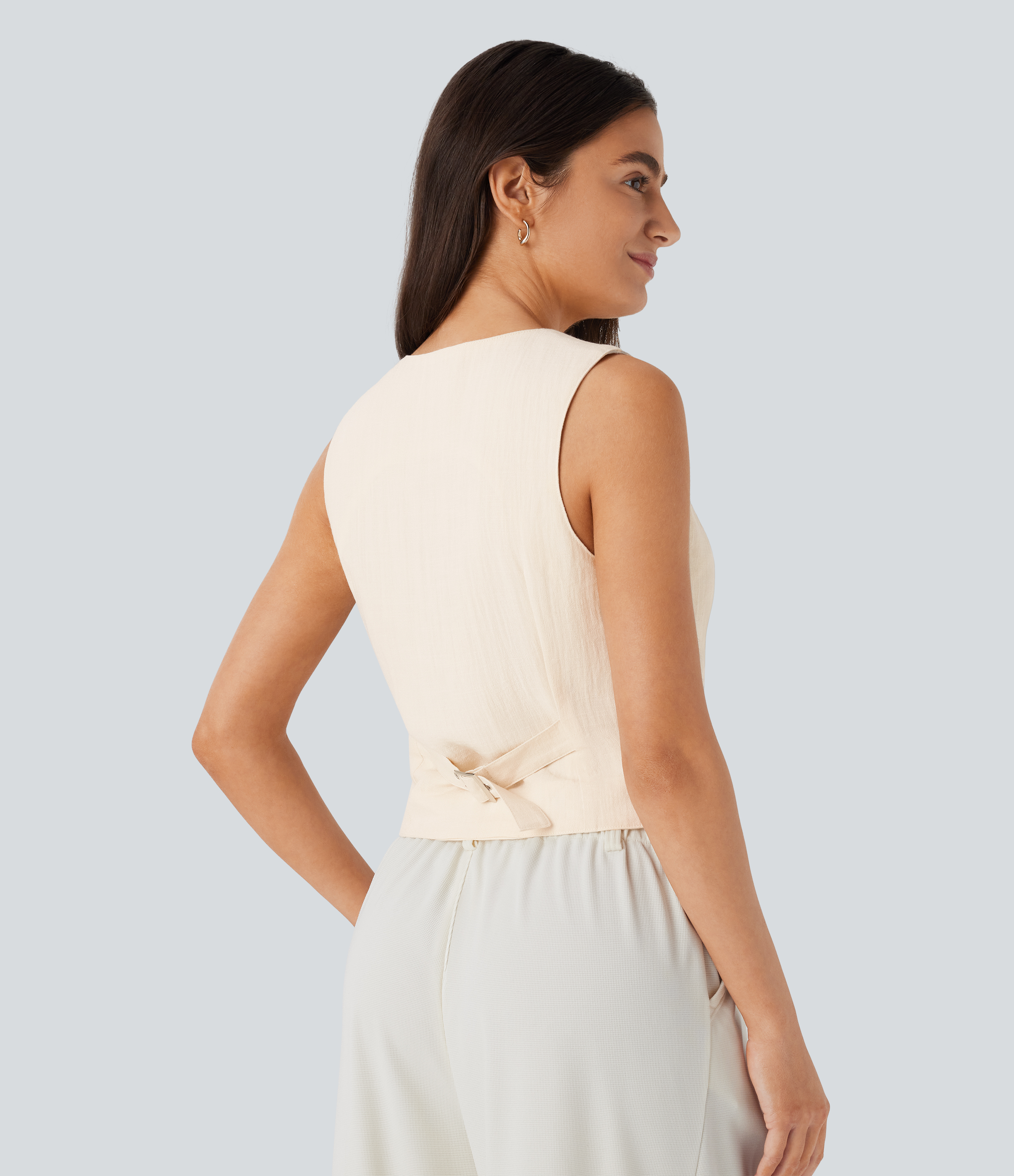 Halara V Neck Button Front Adjustable Buckle Work Linen-Feel Vest Tank Top - Vanilla Ice - M golf tops halter top tunic tops sleeveless tops 