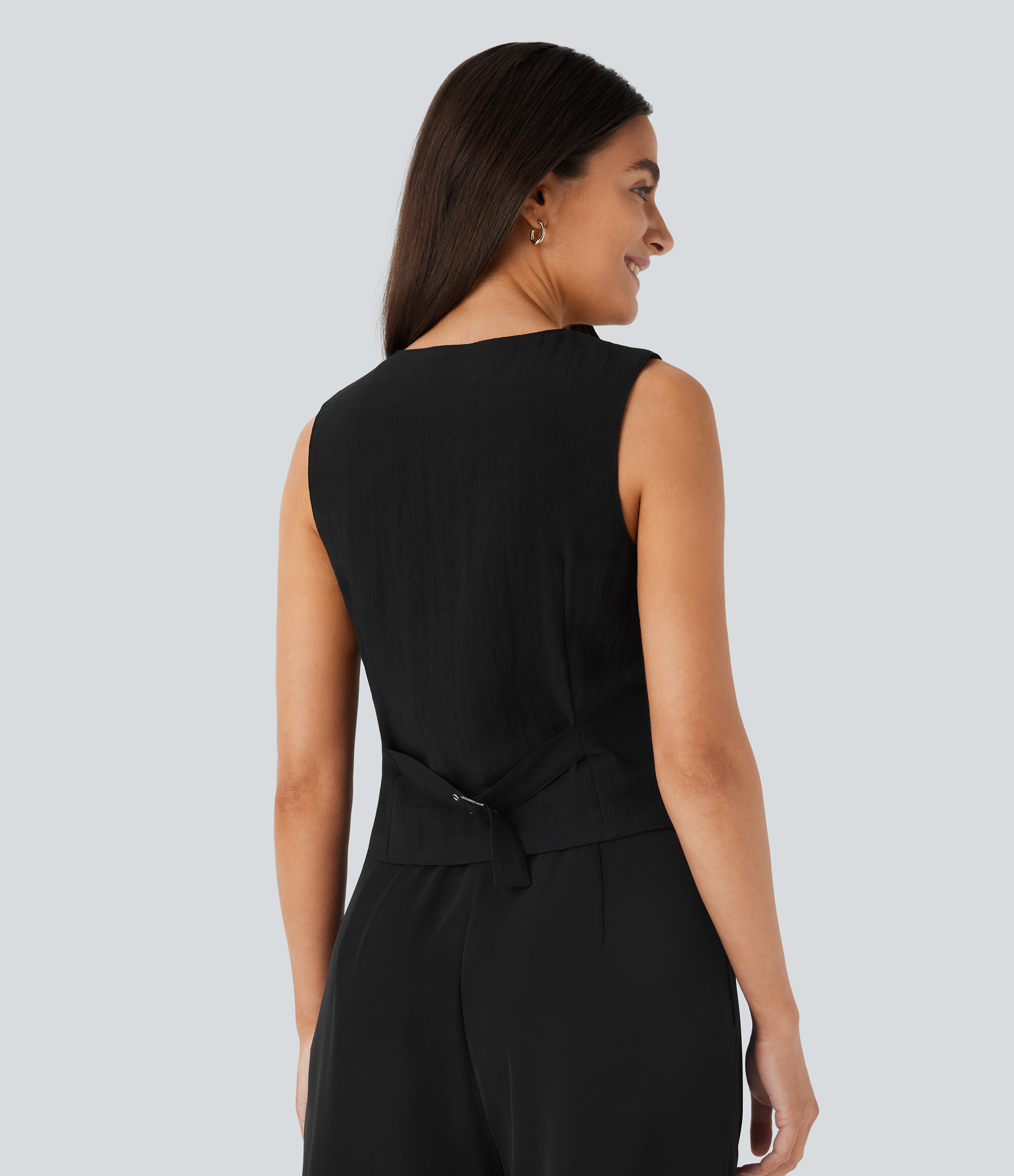 Halara V Neck Button Front Adjustable Buckle Work Linen-Feel Vest Tank Top - Black - L golf tops halter top tunic tops sleeveless tops 