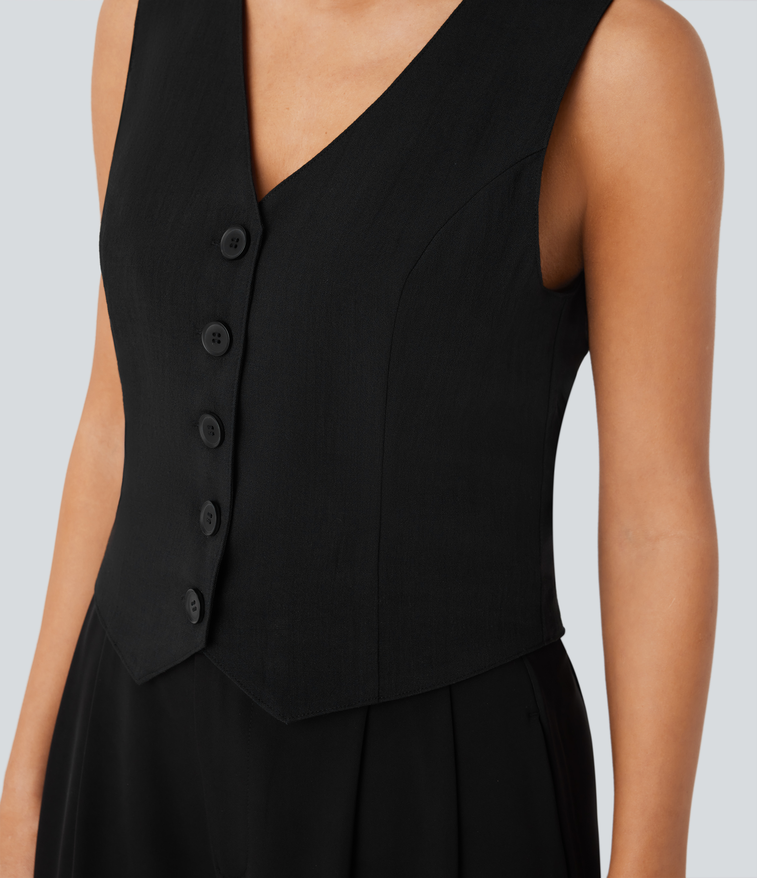 Halara V Neck Button Front Adjustable Buckle Work Linen-Feel Vest Tank Top - Black - L golf tops halter top tunic tops sleeveless tops 