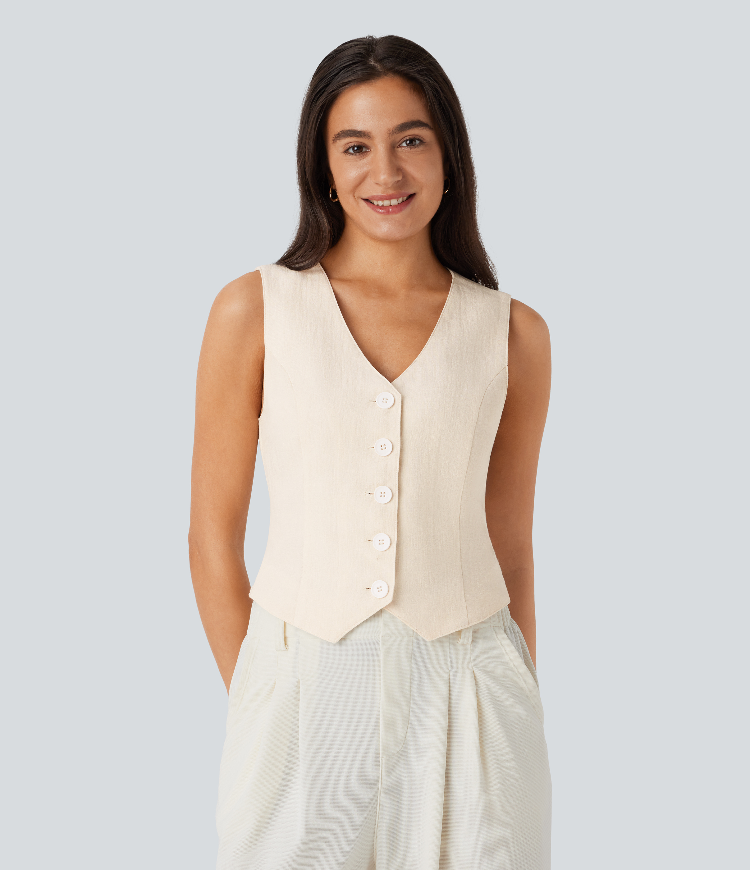 Halara V Neck Button Front Adjustable Buckle Work Linen-Feel Vest Tank Top - Vanilla Ice - M golf tops halter top tunic tops sleeveless tops 