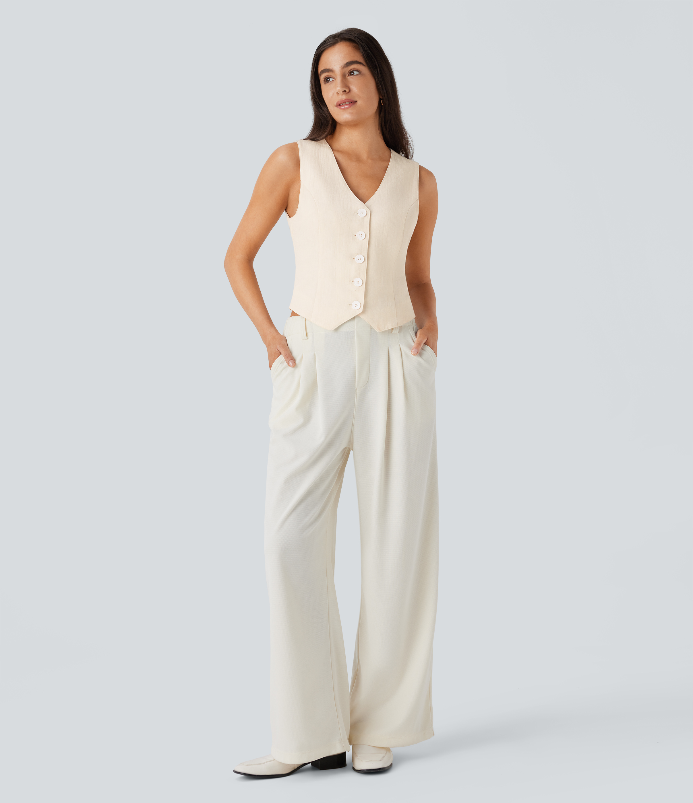 Halara V Neck Button Front Adjustable Buckle Work Linen-Feel Vest Tank Top - Vanilla Ice - M golf tops halter top tunic tops sleeveless tops 