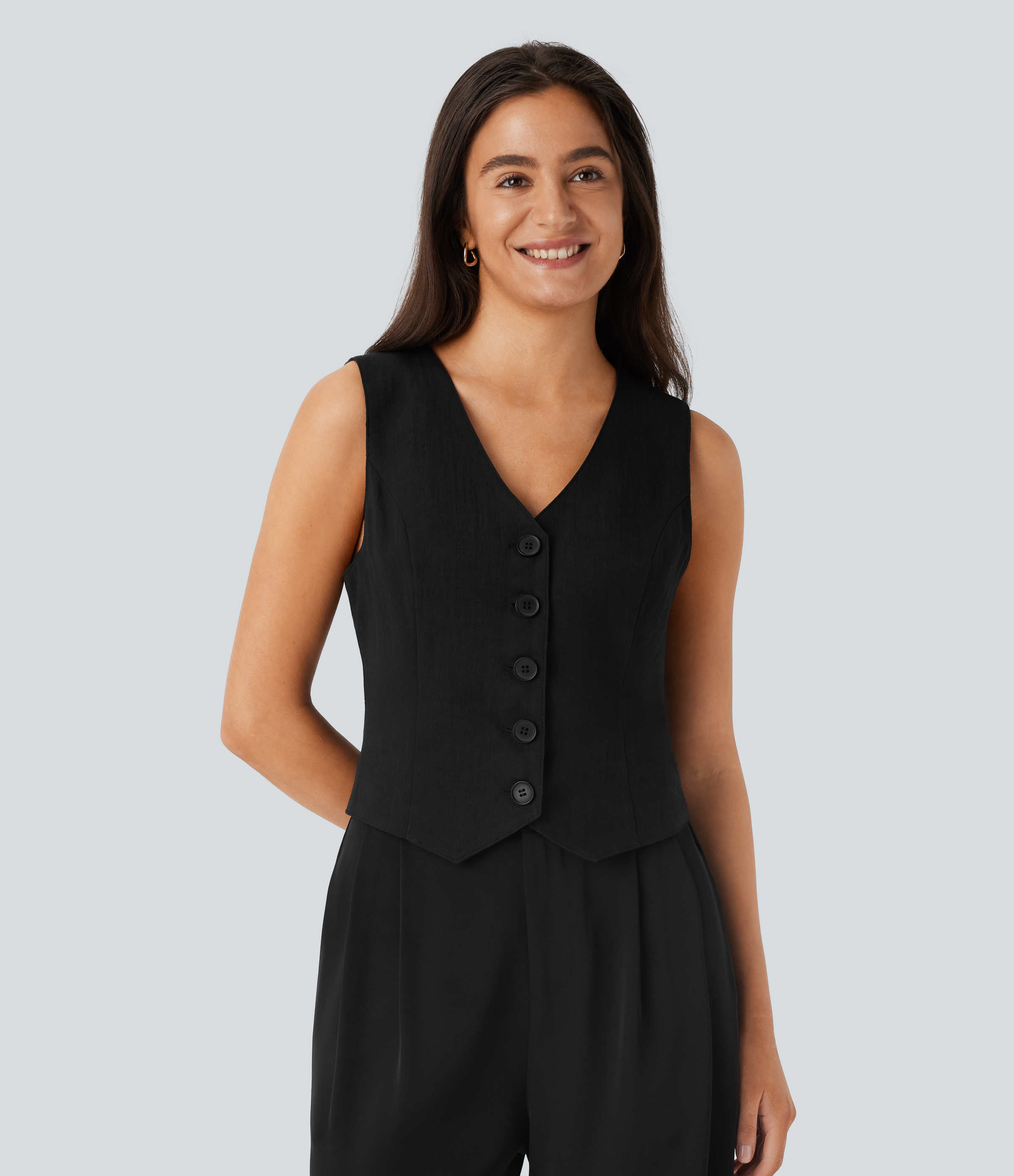 Halara V Neck Button Front Adjustable Buckle Work Linen-Feel Vest Tank Top - Black - L golf tops halter top tunic tops sleeveless tops 