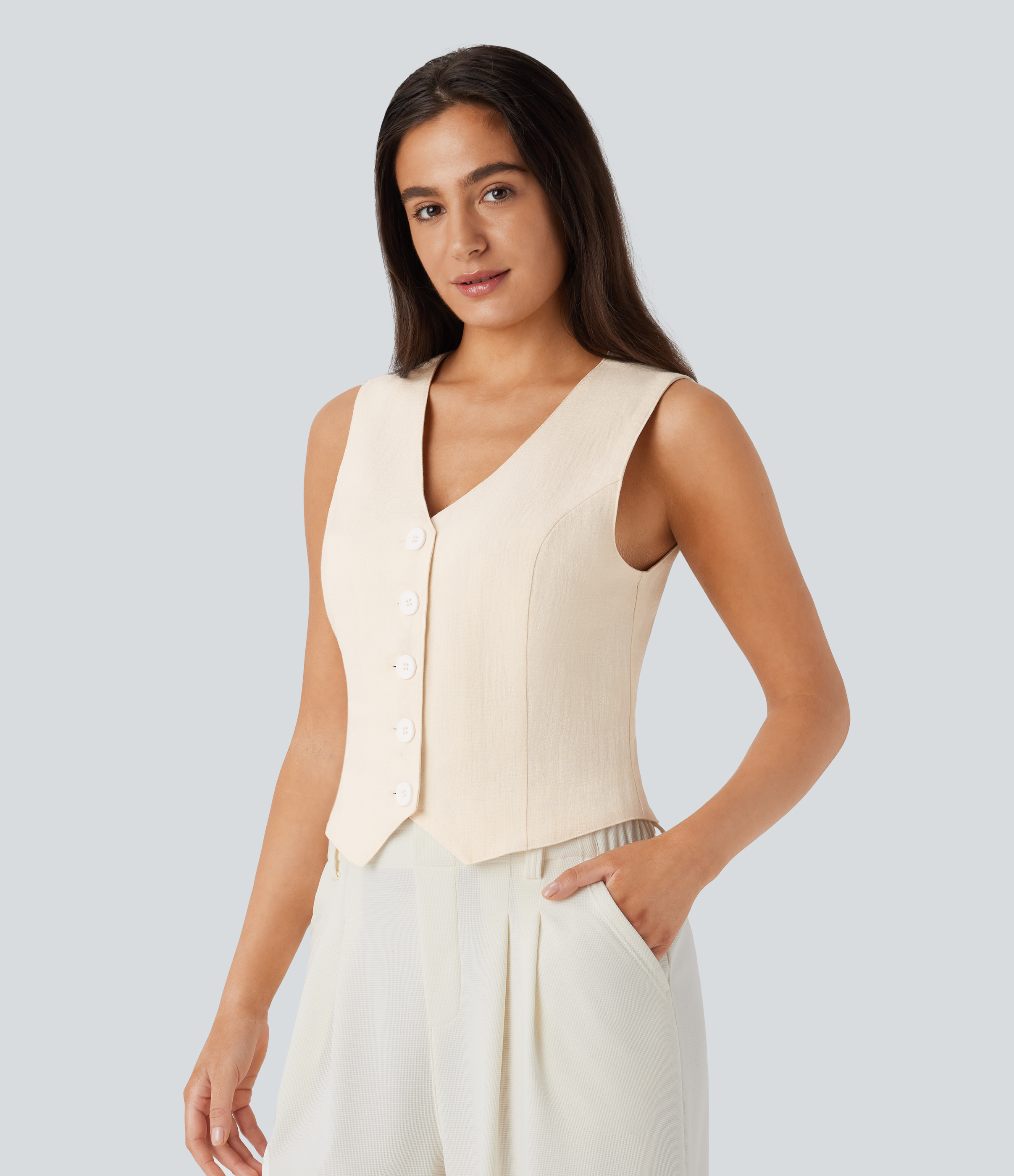 Halara V Neck Button Front Adjustable Buckle Work Linen-Feel Vest Tank Top - Vanilla Ice - M golf tops halter top tunic tops sleeveless tops 