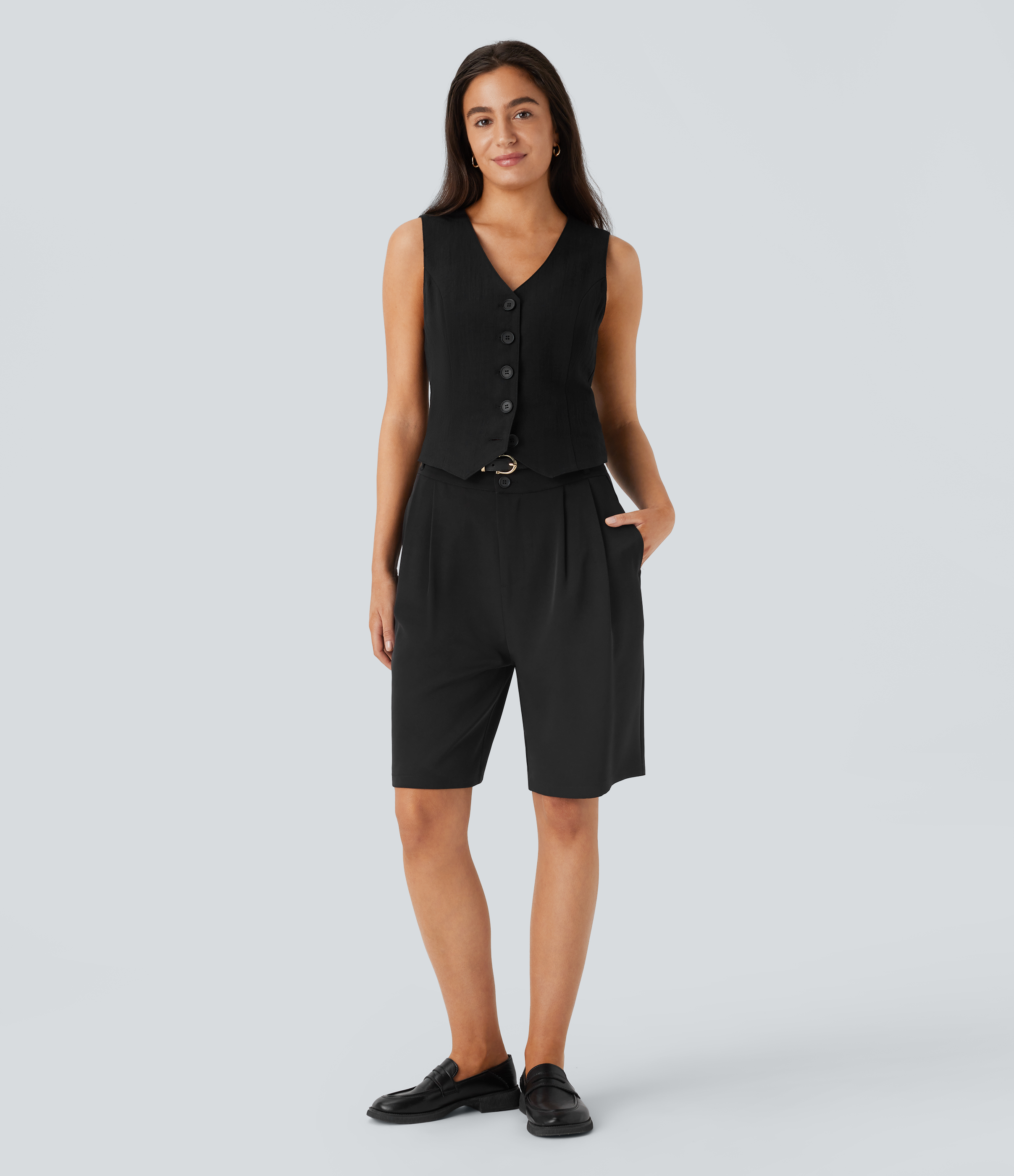 Halara V Neck Button Front Adjustable Buckle Work Linen-Feel Vest Tank Top - Black - L golf tops halter top tunic tops sleeveless tops 