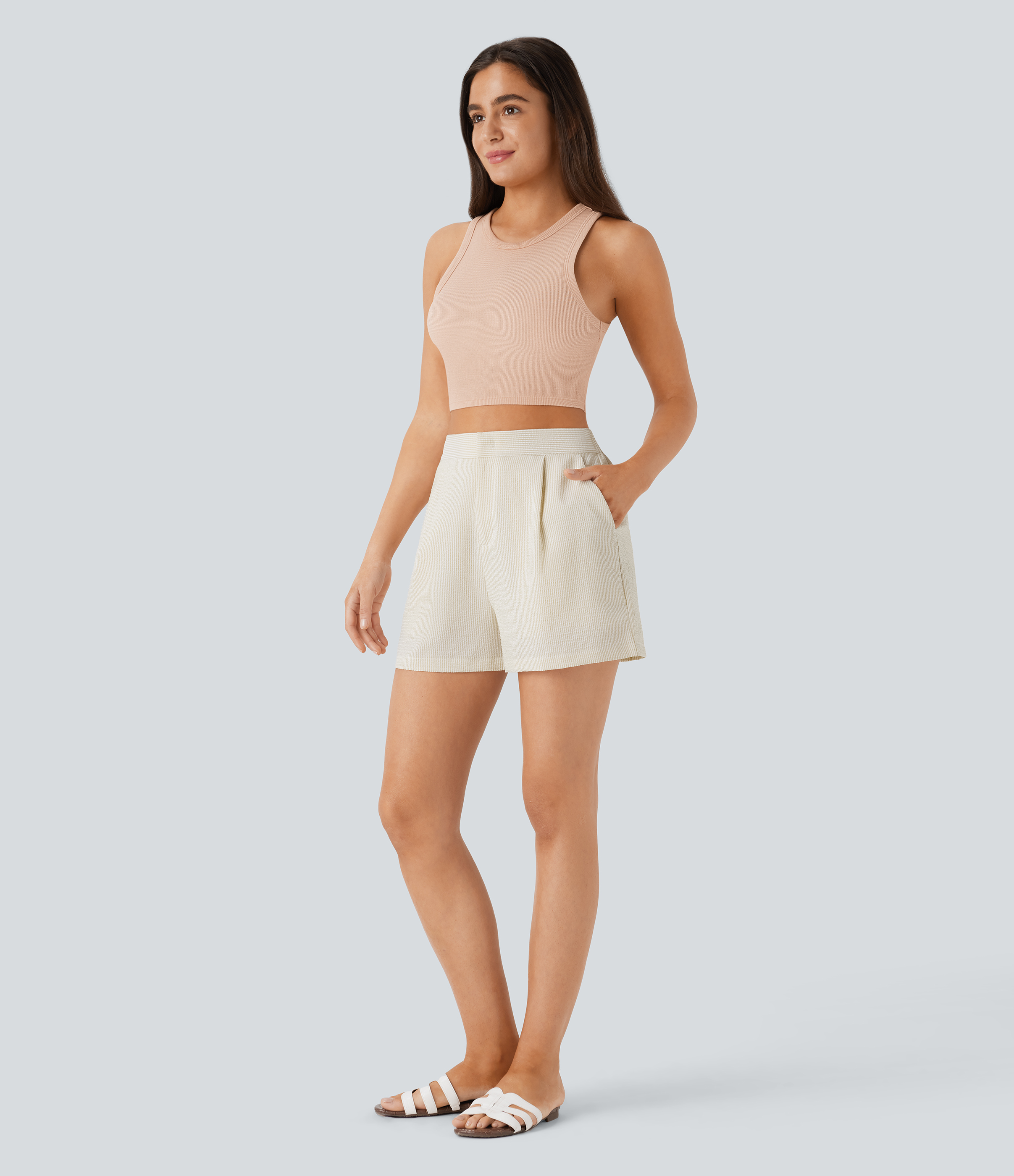 Halara High Waisted Zipper Side Pocket Stripe Casual Shorts 3``  - Orange White Stripe - M booty shorts compression shorts yoga shorts 