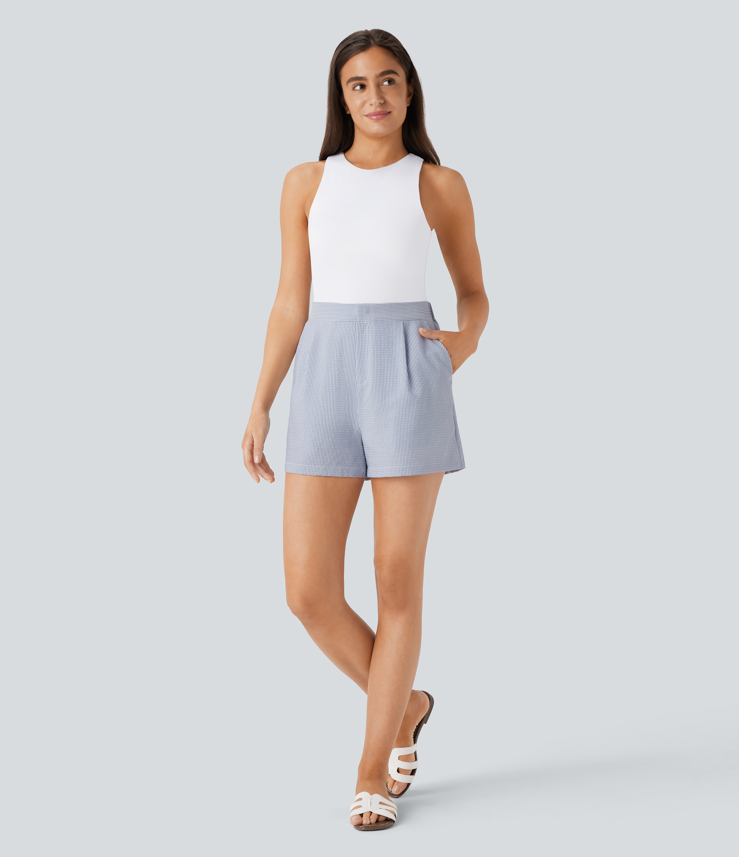 Halara High Waisted Zipper Side Pocket Stripe Casual Shorts 3``  - Blue White Stripes - M booty shorts compression shorts yoga shorts 