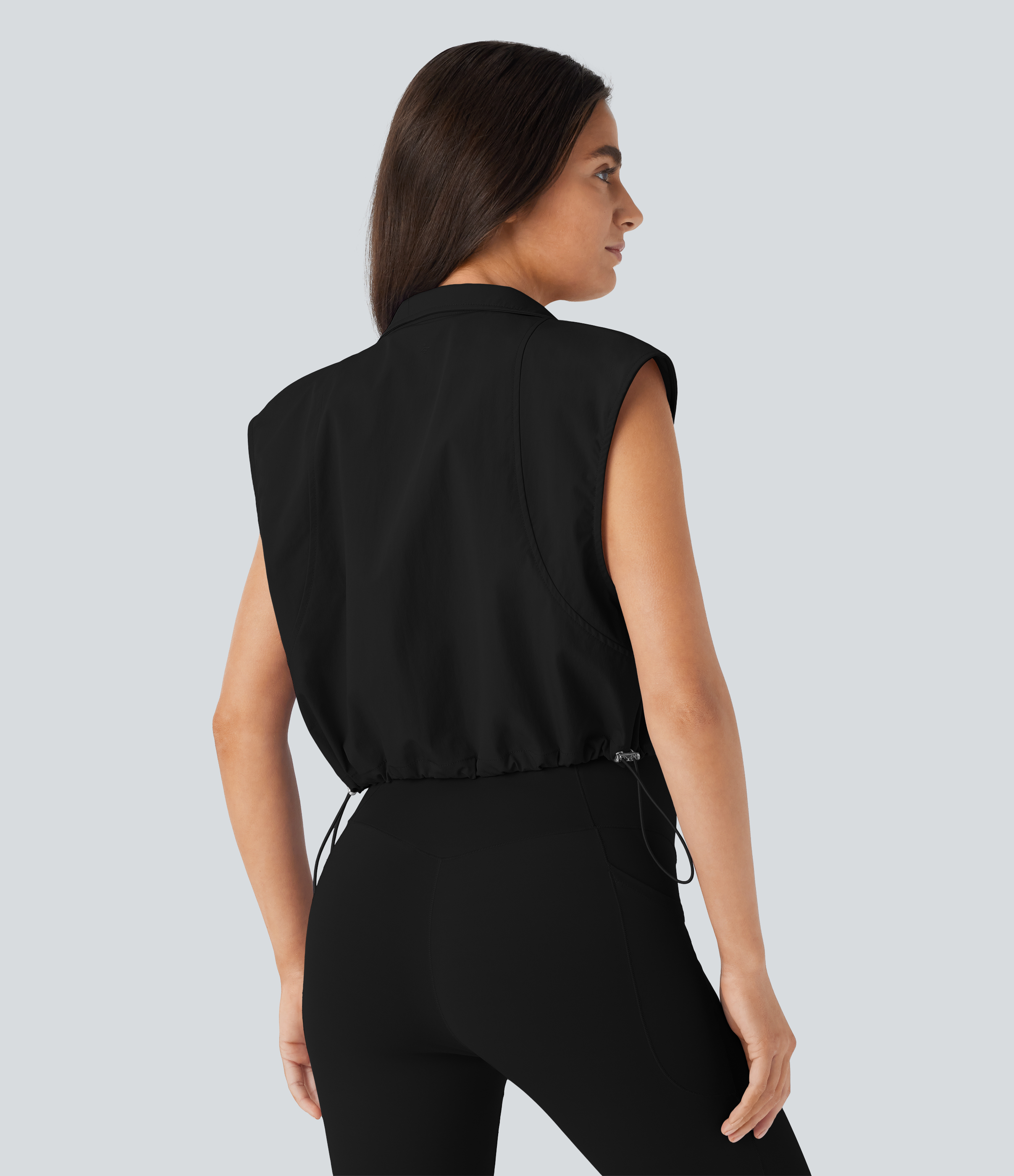 Halara Water Repellent Wear-Resistant Collared Sleeveless Zipper Chest Pocket Adjustable Drawcord Cropped Yoga Jacket  - Black - S 