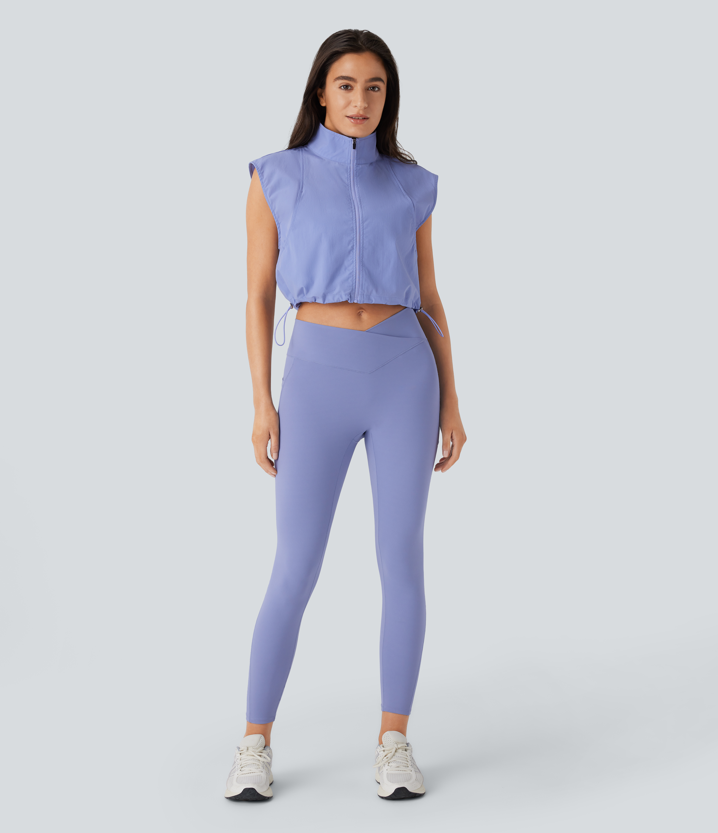 Halara Water Repellent Wear-Resistant Collared Sleeveless Zipper Chest Pocket Adjustable Drawcord Cropped Yoga Jacket  - Azure Haze - L 