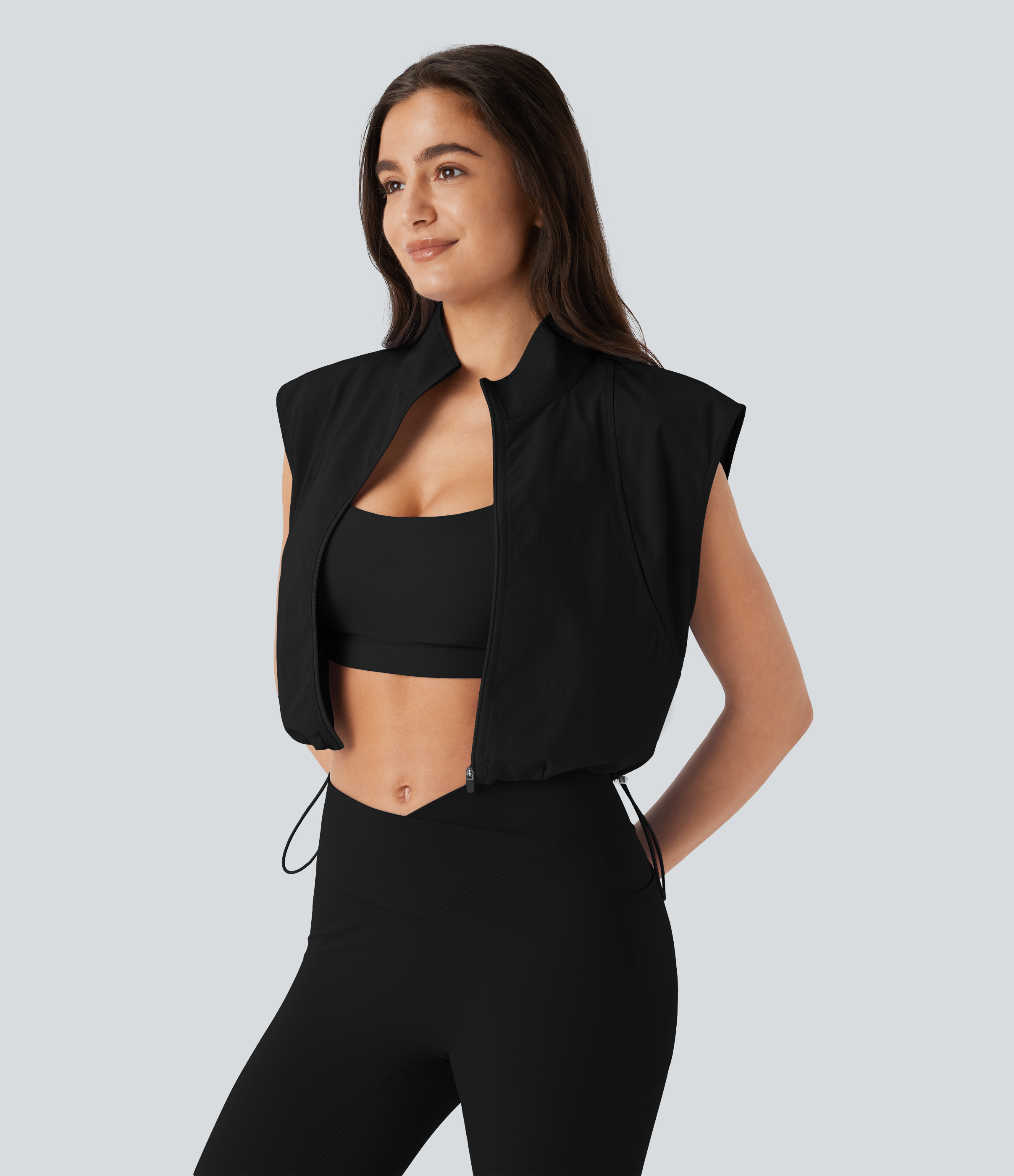 Halara Water Repellent Wear-Resistant Collared Sleeveless Zipper Chest Pocket Adjustable Drawcord Cropped Yoga Jacket  - Black - S 