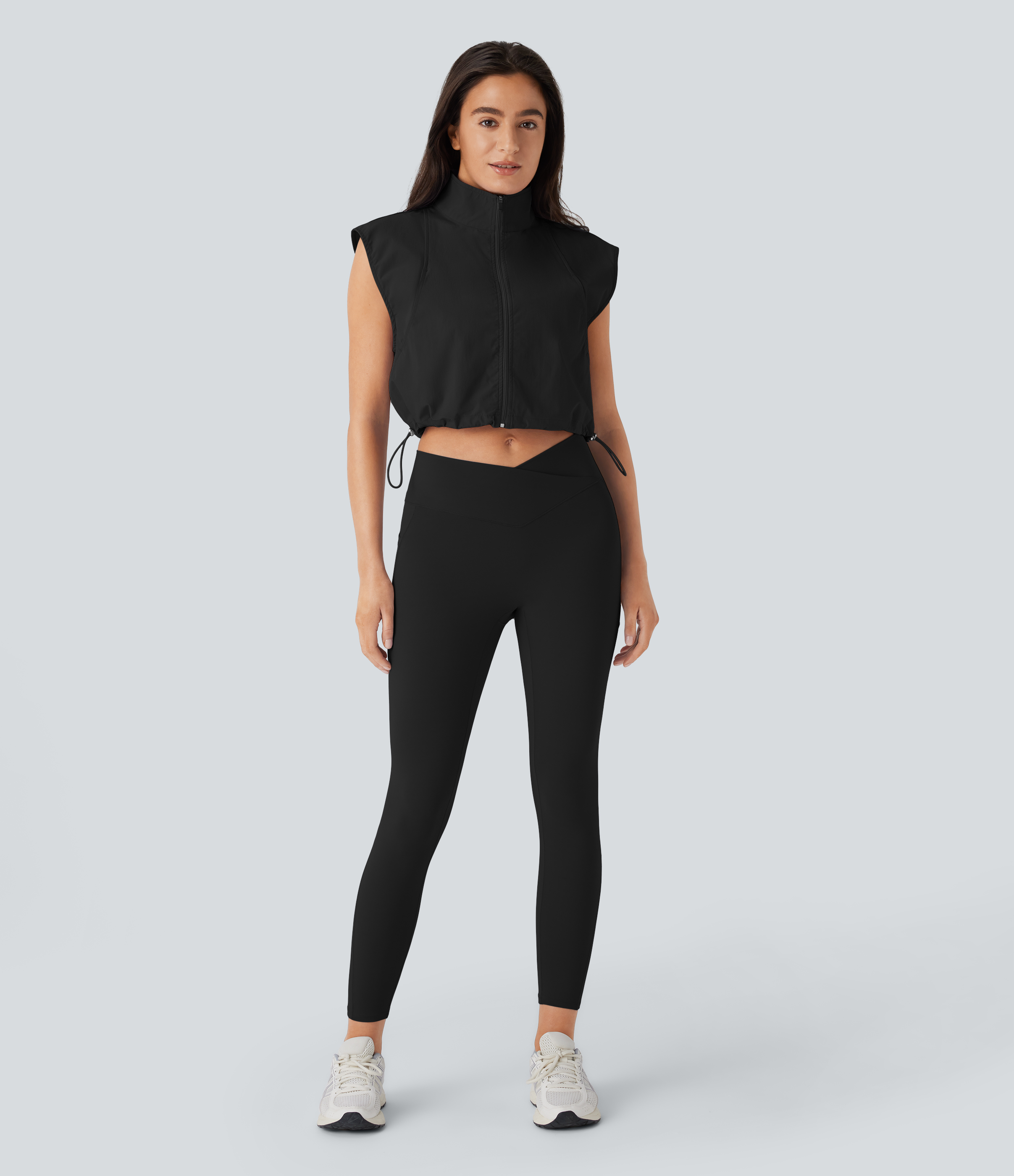 Halara Water Repellent Wear-Resistant Collared Sleeveless Zipper Chest Pocket Adjustable Drawcord Cropped Yoga Jacket  - Black - S 