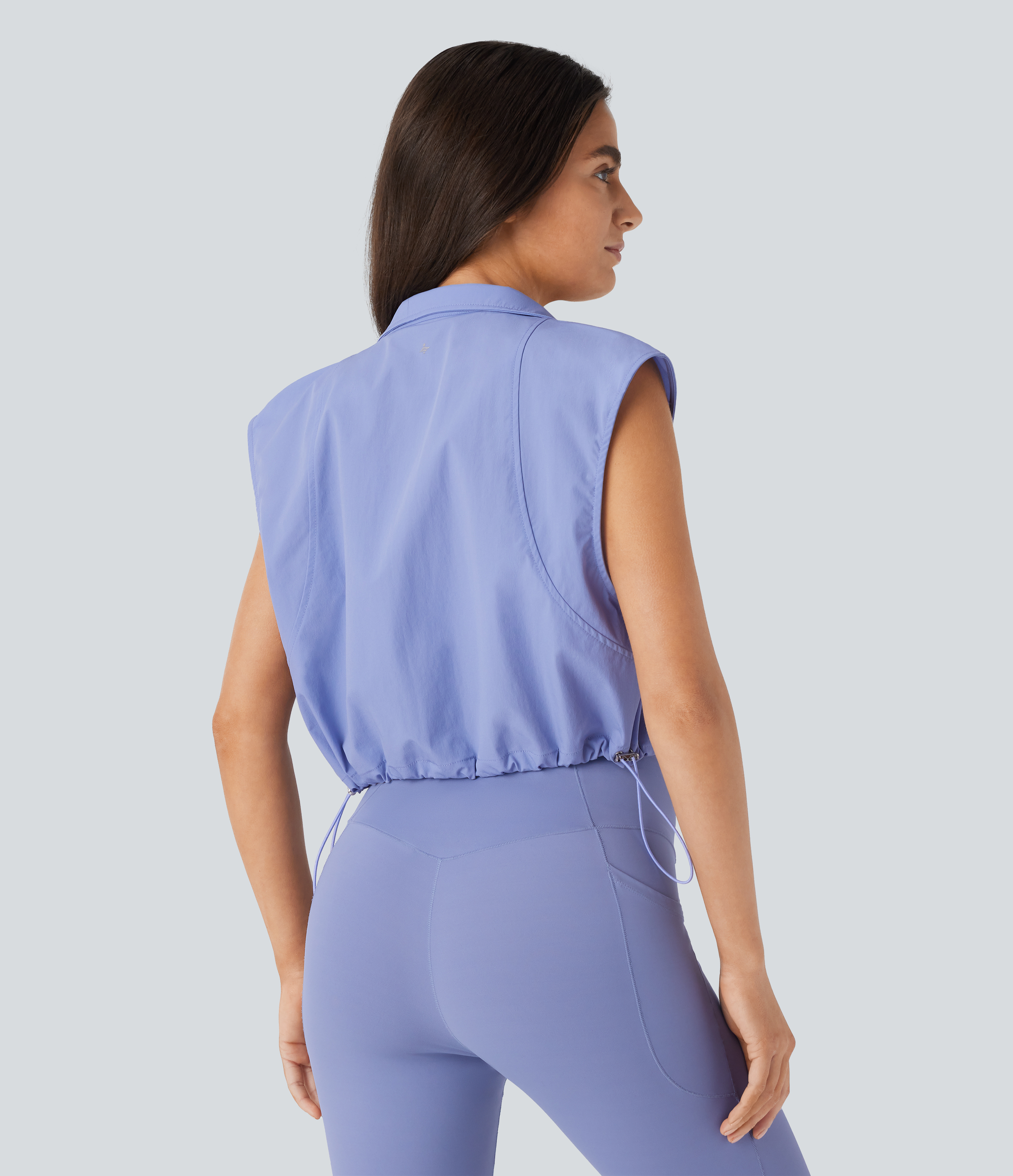 Halara Water Repellent Wear-Resistant Collared Sleeveless Zipper Chest Pocket Adjustable Drawcord Cropped Yoga Jacket  - Azure Haze - L 