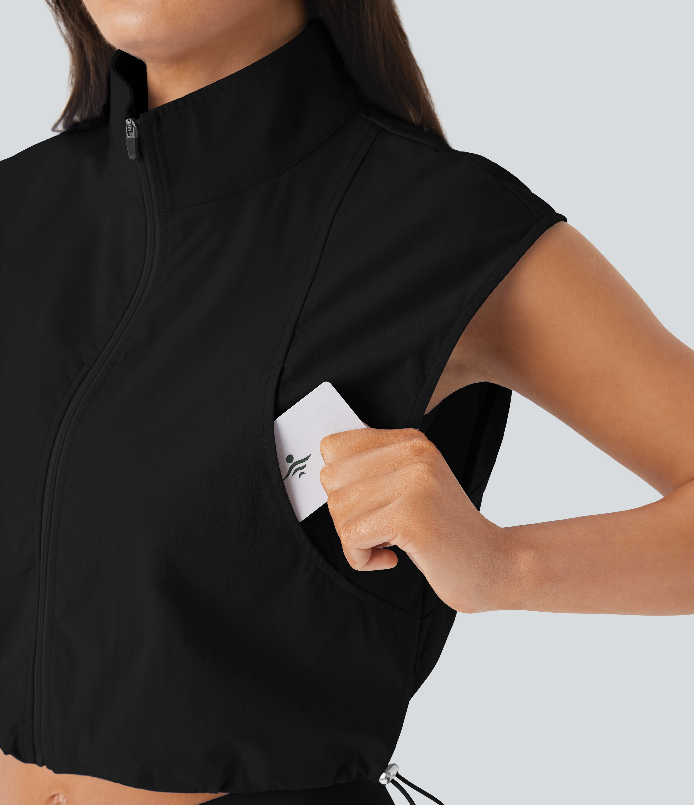 Halara Water Repellent Wear-Resistant Collared Sleeveless Zipper Chest Pocket Adjustable Drawcord Cropped Yoga Jacket  - Black - S 