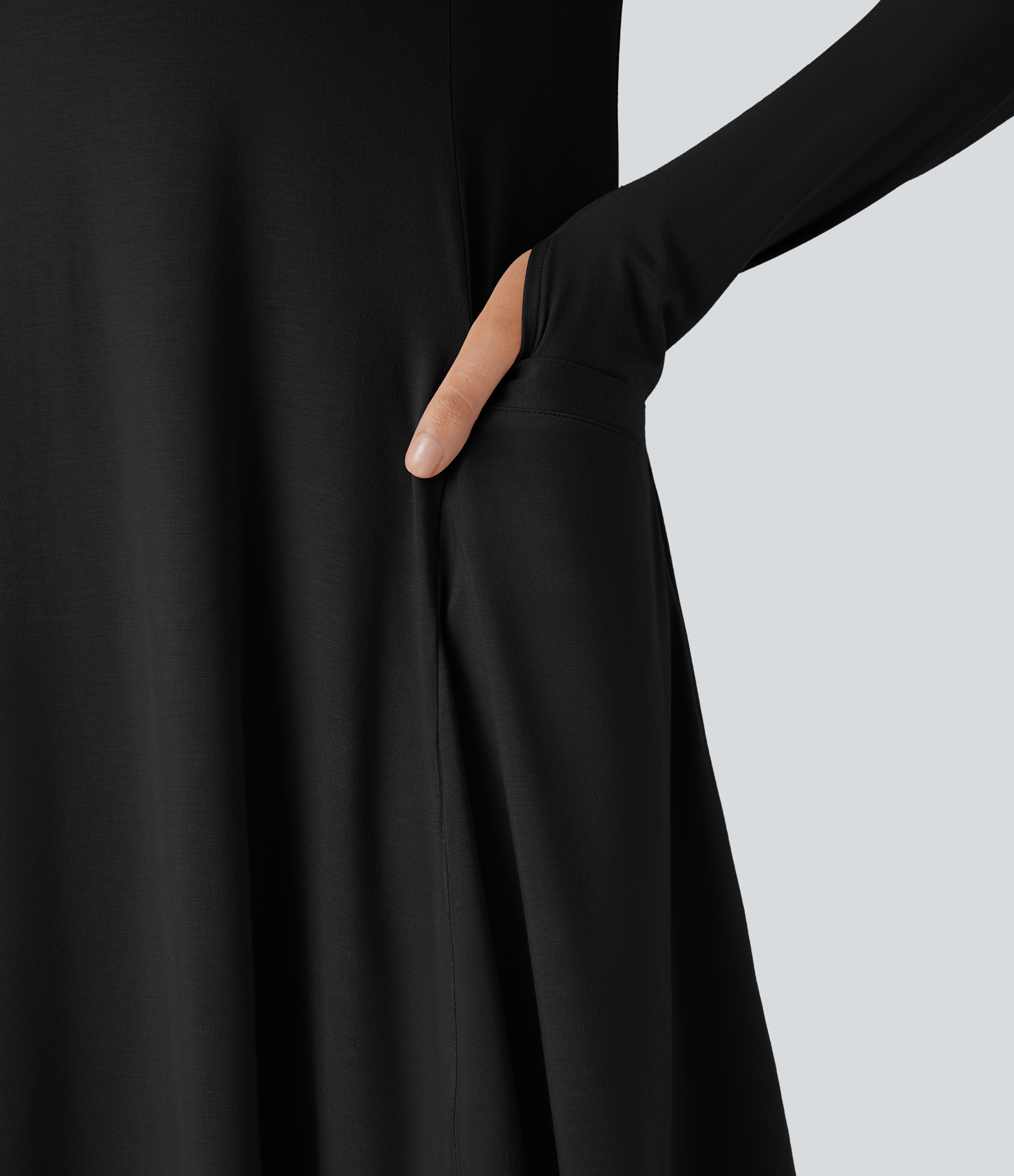 Halara Round Neck Long Sleeve Thumb Hole Side Pocket Draped Mini Casual Dress Casual Dress - Black - XL slip dress beach dress ruched dress 