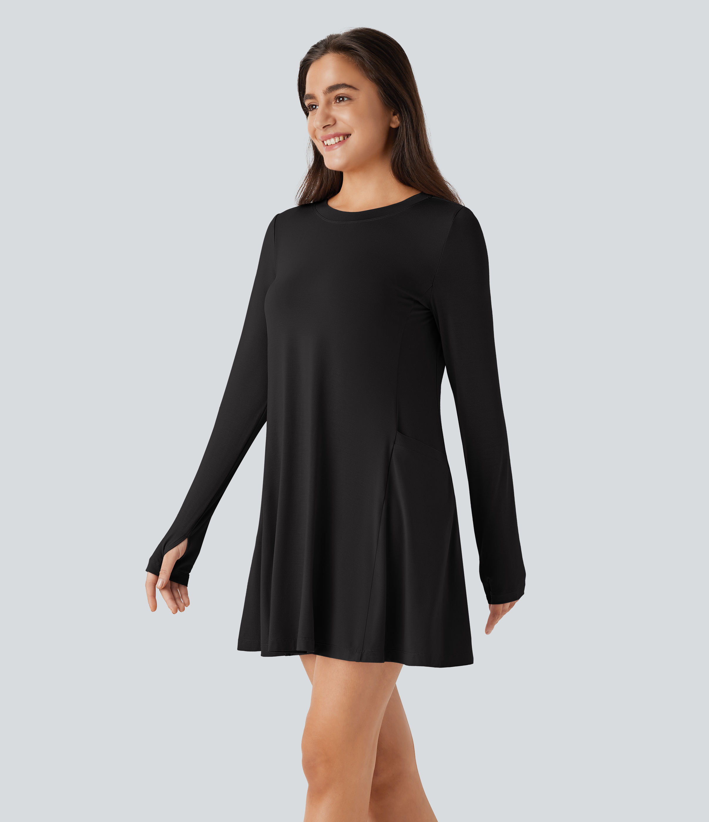 Halara Round Neck Long Sleeve Thumb Hole Side Pocket Draped Mini Casual Dress Casual Dress - Black - XL slip dress beach dress ruched dress 