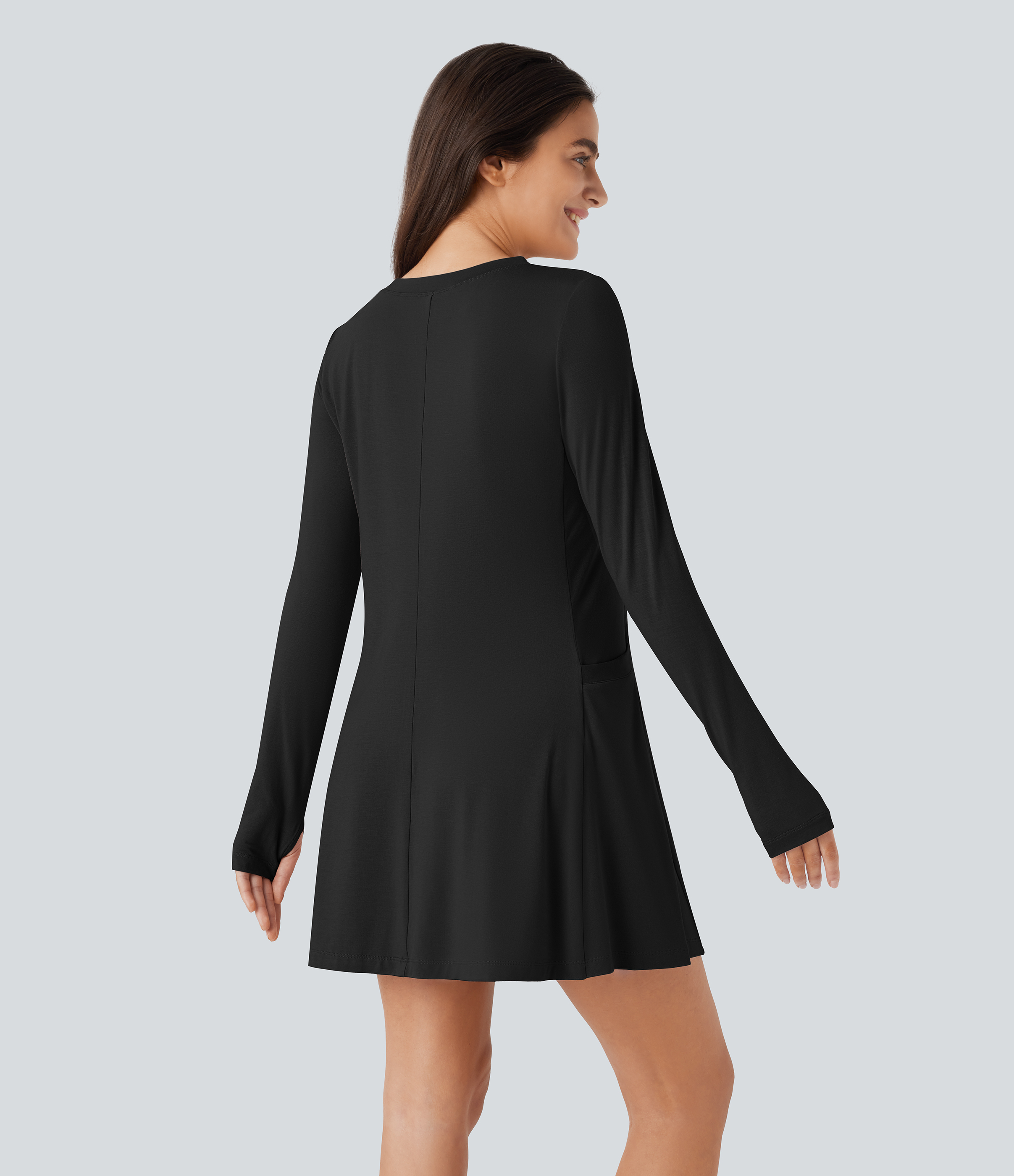 Halara Round Neck Long Sleeve Thumb Hole Side Pocket Draped Mini Casual Dress Casual Dress - Black - XL slip dress beach dress ruched dress 