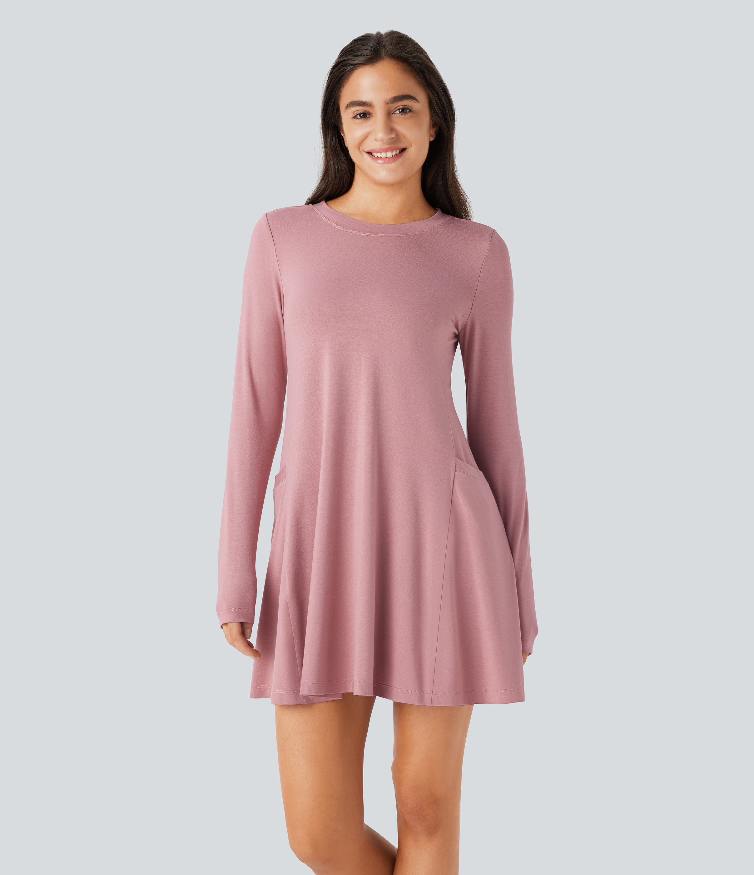 Round Neck Long Sleeve Thumb Hole Pocket Draped Mini Casual Dress