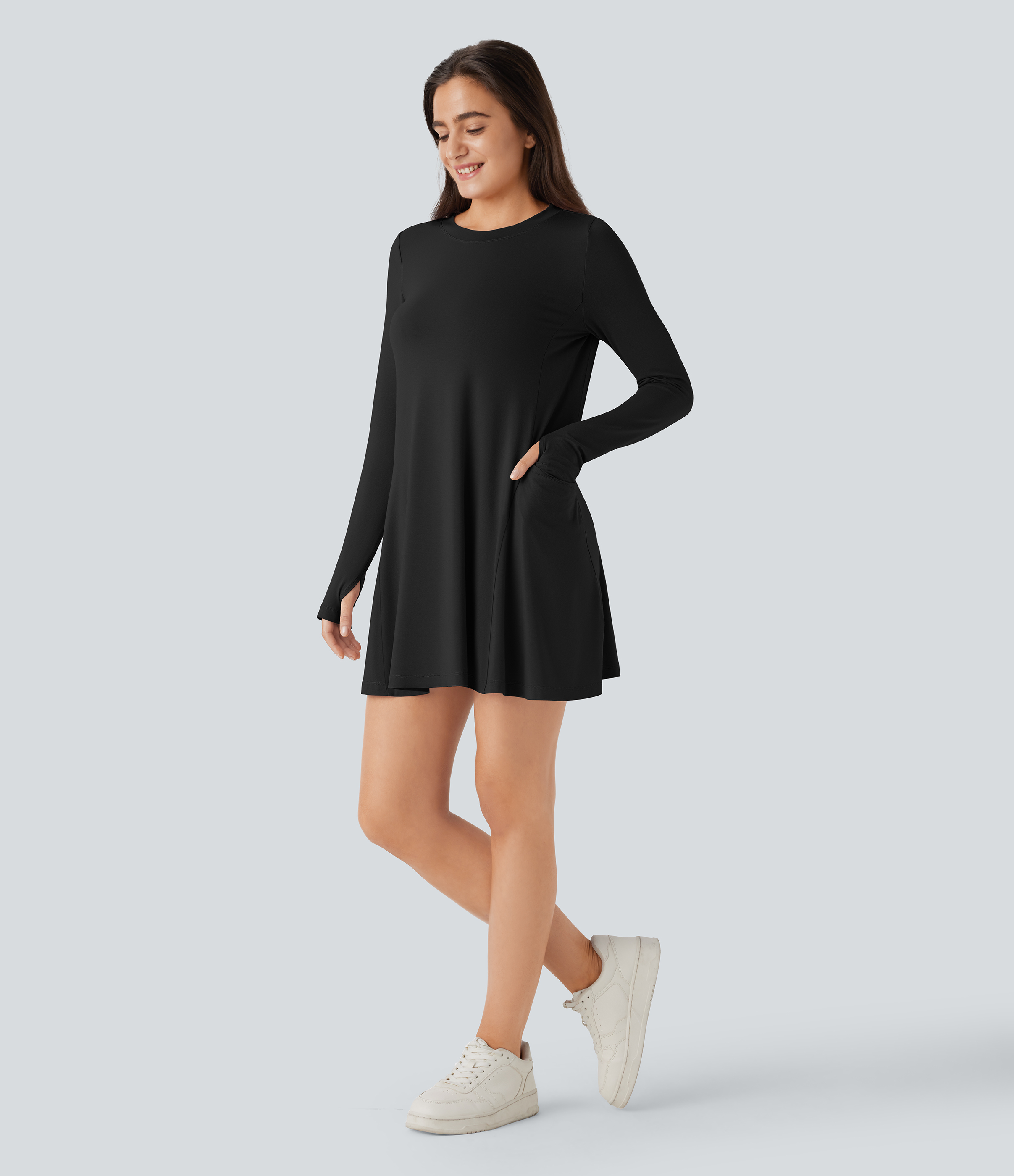 Halara Round Neck Long Sleeve Thumb Hole Side Pocket Draped Mini Casual Dress Casual Dress - Black - XL slip dress beach dress ruched dress 
