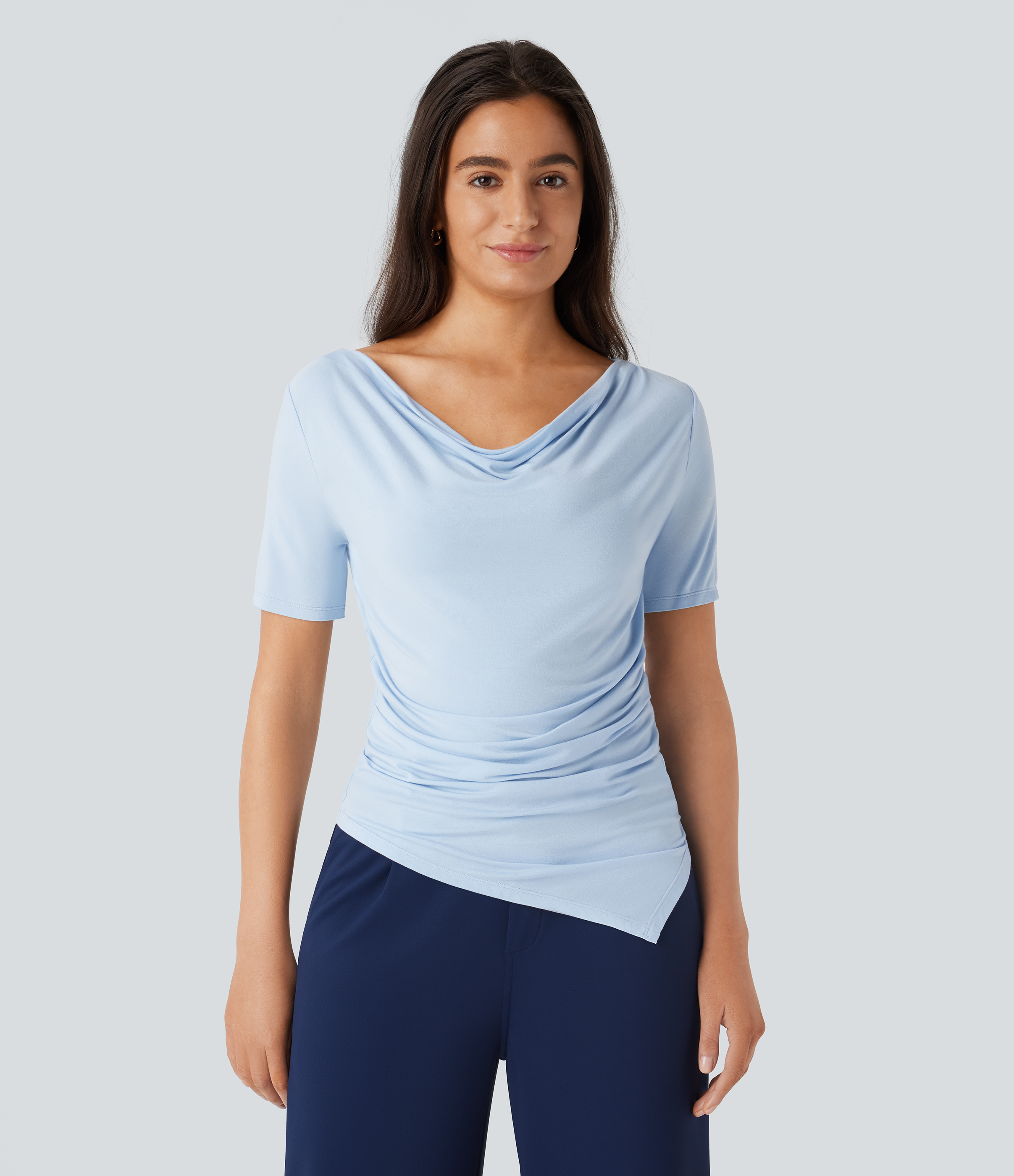 Halara Cowl Neck Short Sleeve Ruched Asymmetric Hem Work Top Tank Top - Country Air - L golf tops halter top tunic tops sleeveless tops 
