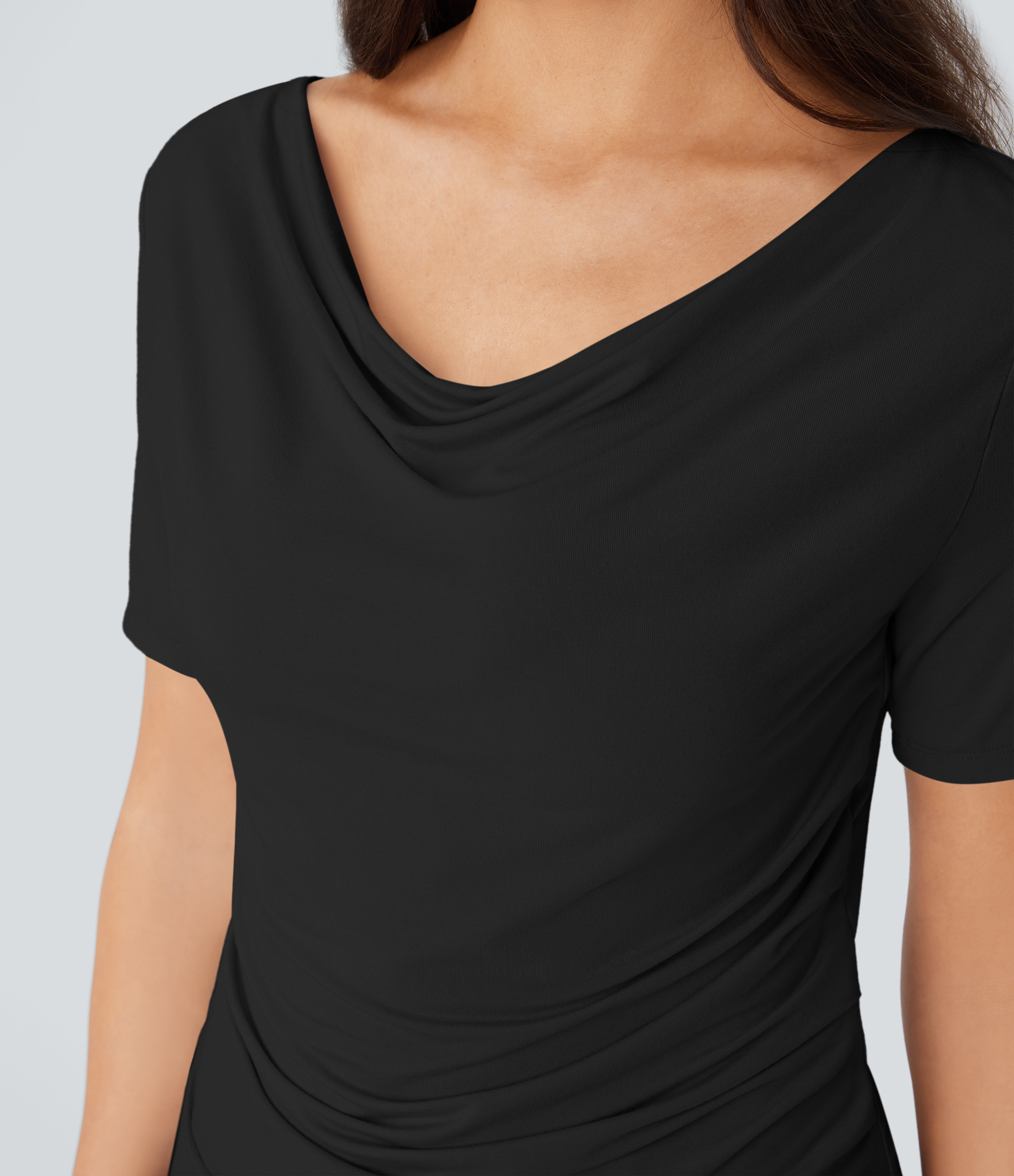 Halara Cowl Neck Short Sleeve Ruched Asymmetric Hem Work Top Tank Top - Black - S golf tops halter top tunic tops sleeveless tops 