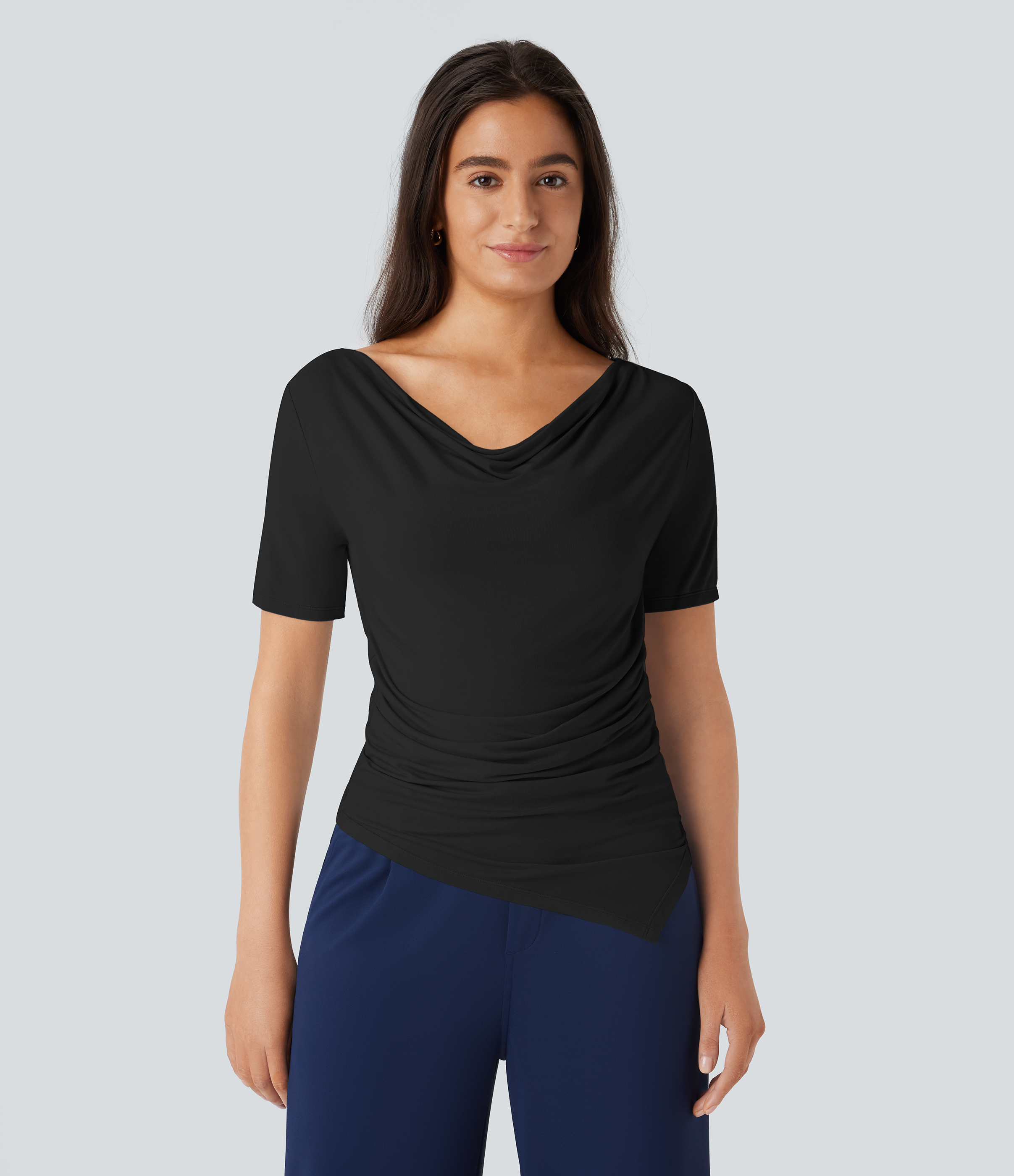 Halara Cowl Neck Short Sleeve Ruched Asymmetric Hem Work Top Tank Top - Black - S golf tops halter top tunic tops sleeveless tops 