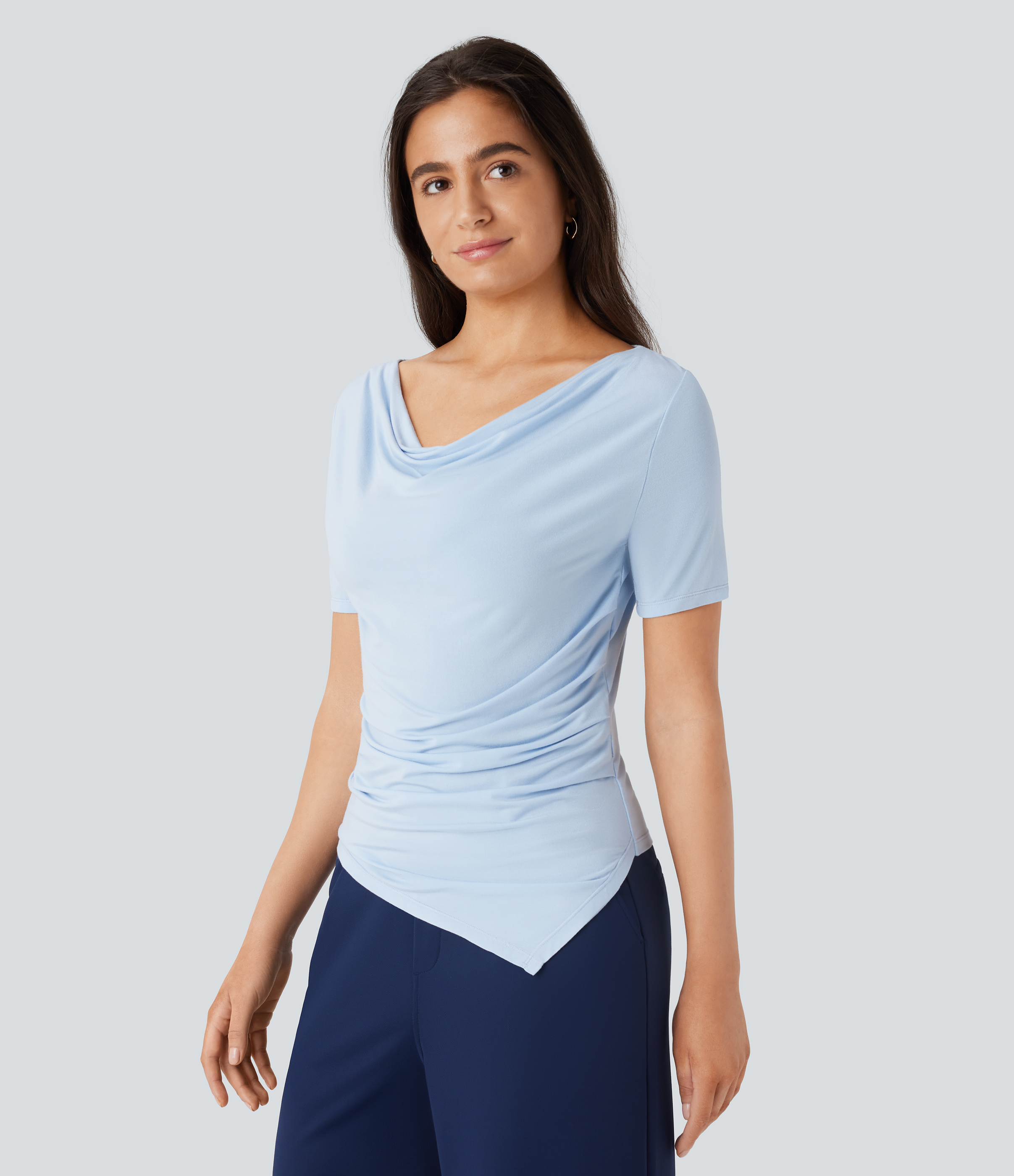 Halara Cowl Neck Short Sleeve Ruched Asymmetric Hem Work Top Tank Top - Country Air - L golf tops halter top tunic tops sleeveless tops 
