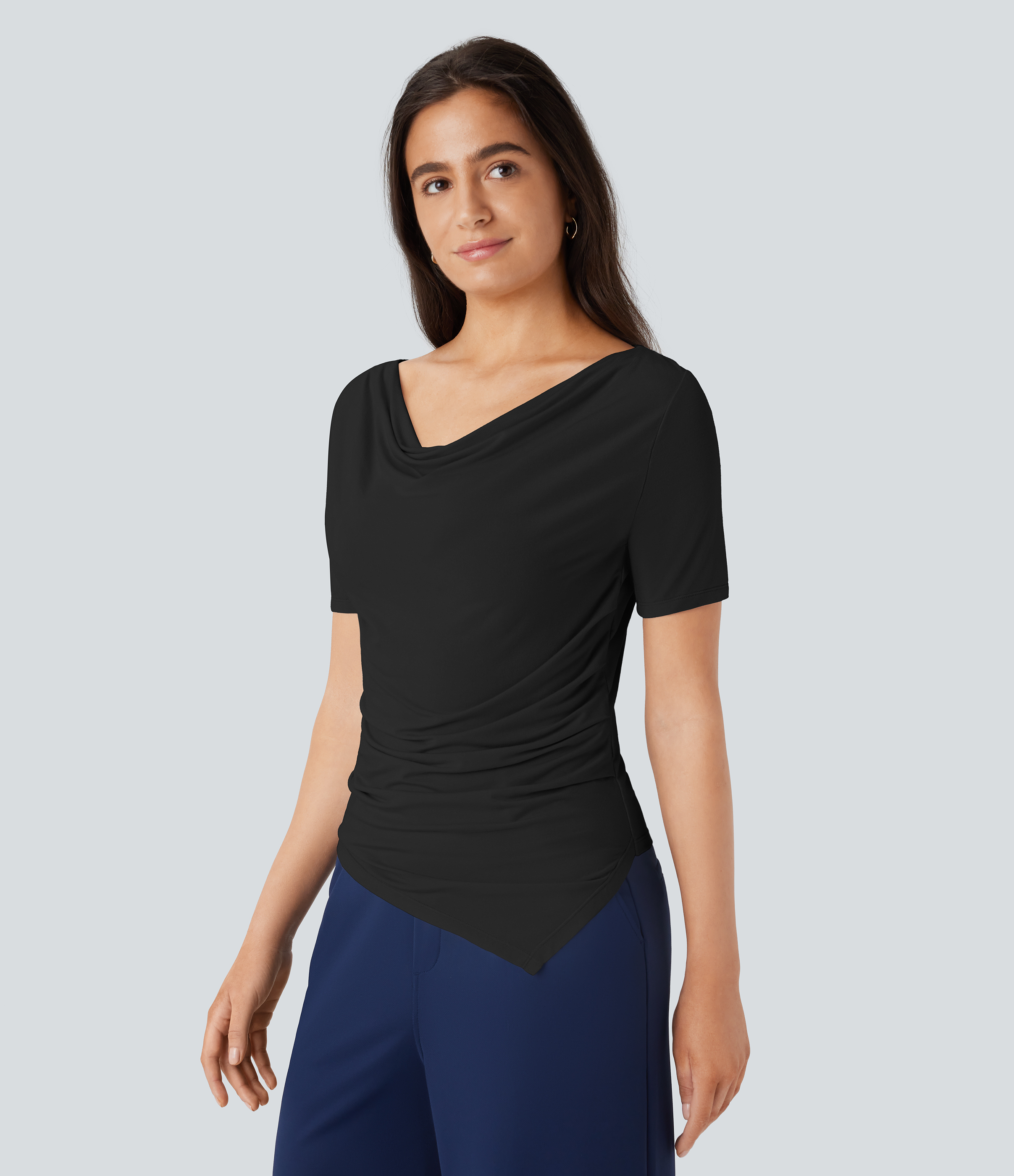 Halara Cowl Neck Short Sleeve Ruched Asymmetric Hem Work Top Tank Top - Black - S golf tops halter top tunic tops sleeveless tops 