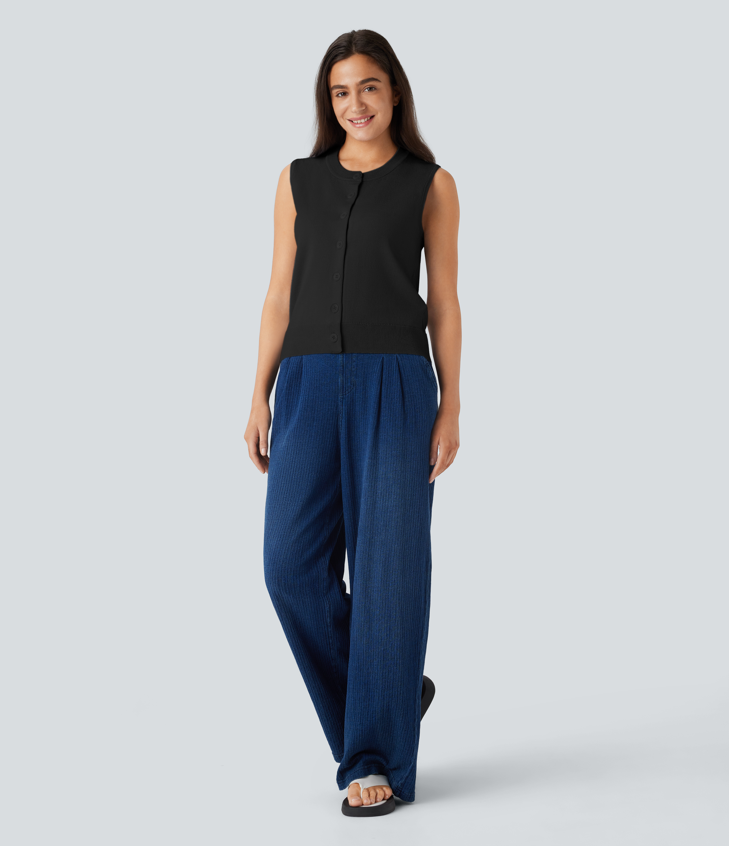 Halara Round Neck Button Front Casual Sweater Vest  - Black - XL 
