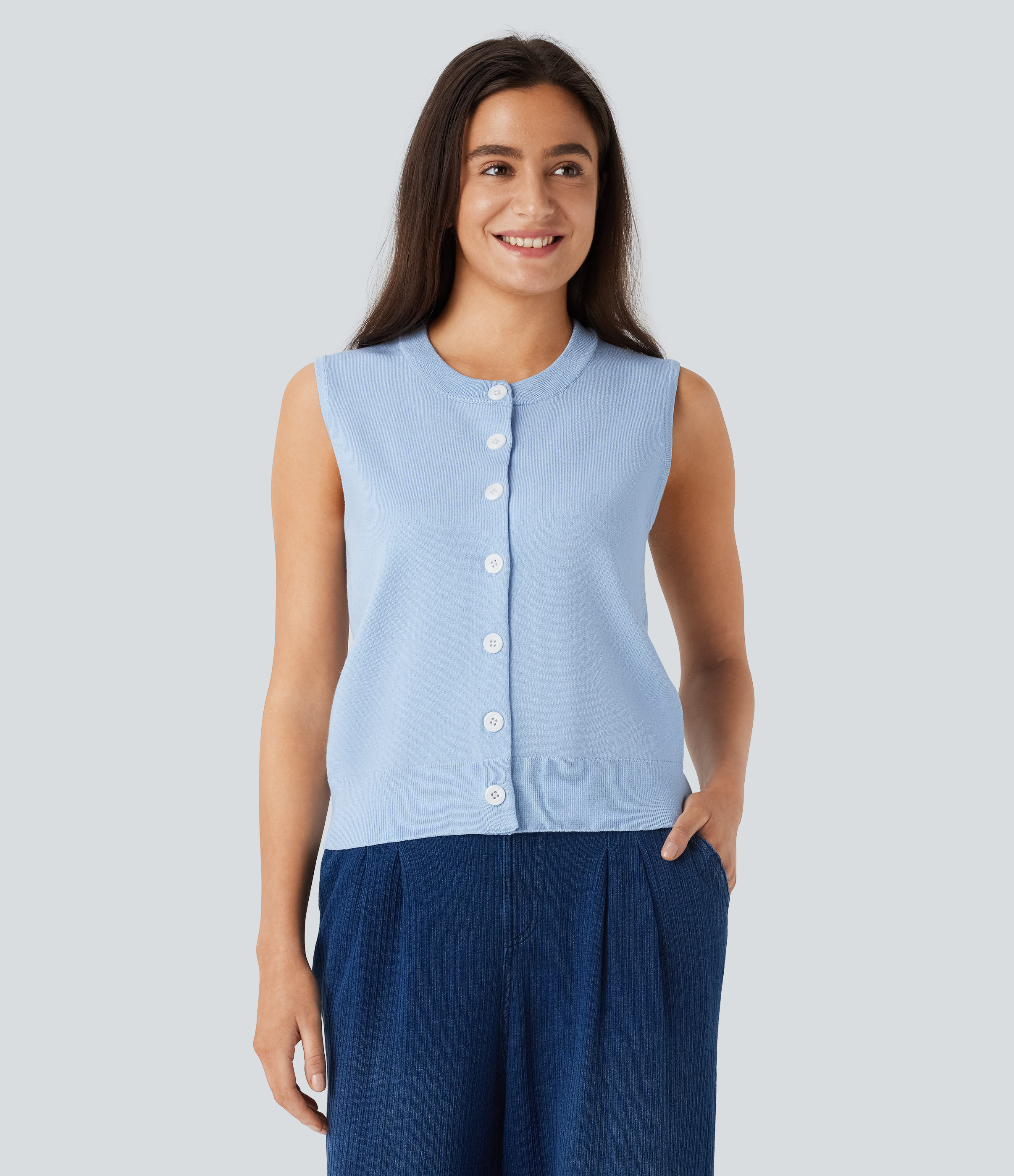 Halara Round Neck Button Front Casual Sweater Vest  - Ice Water - L 