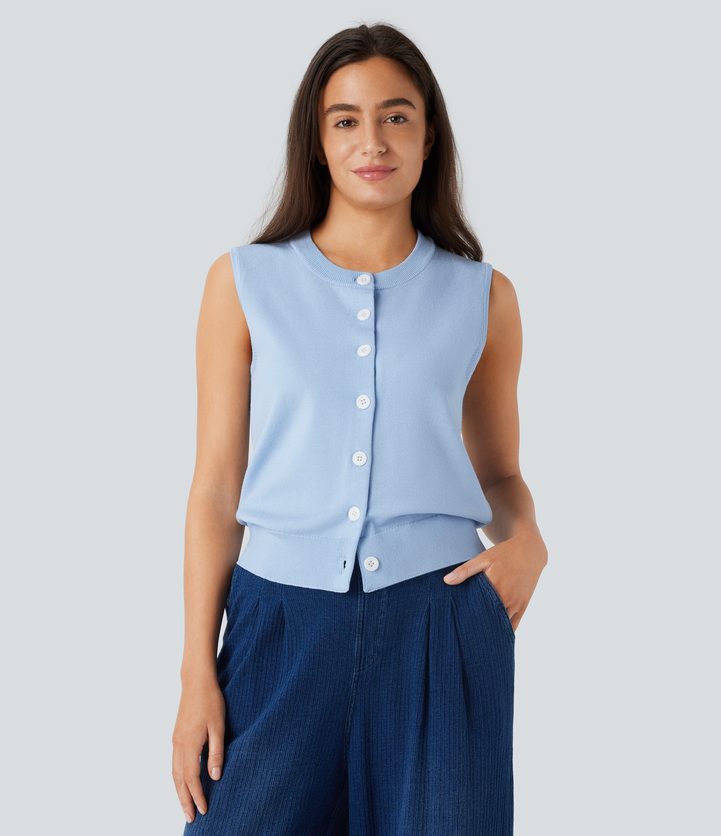 Halara Round Neck Button Front Casual Sweater Vest  - Ice Water - L 