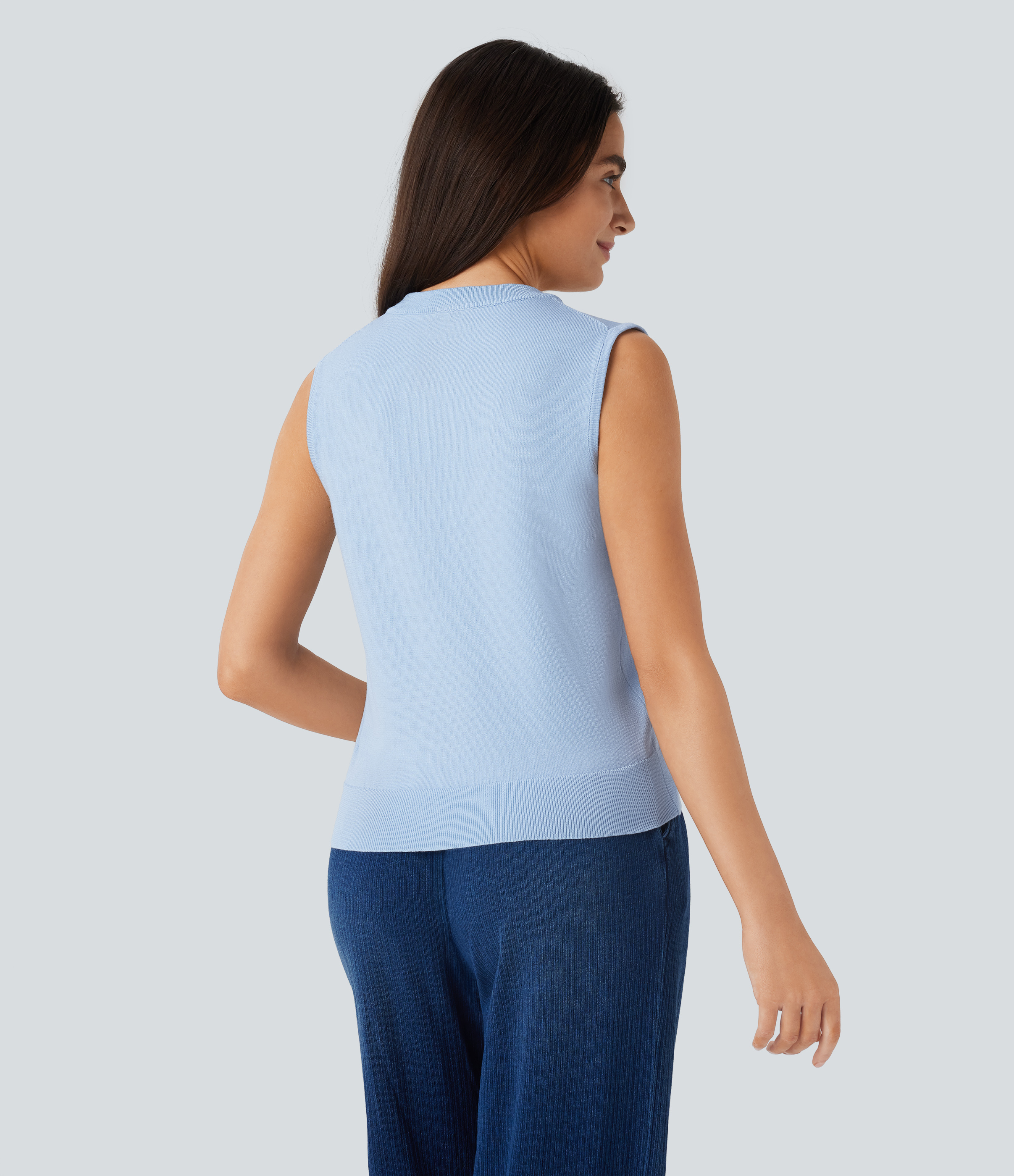 Halara Round Neck Button Front Casual Sweater Vest  - Ice Water - L 