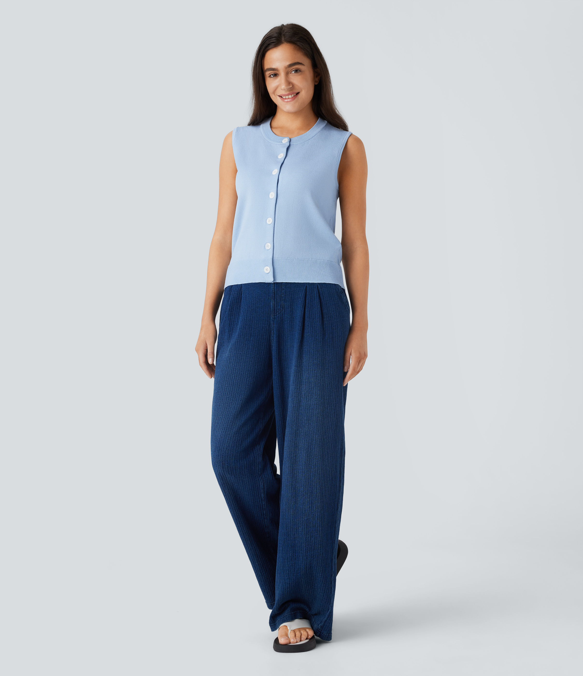 Halara Round Neck Button Front Casual Sweater Vest  - Ice Water - L 