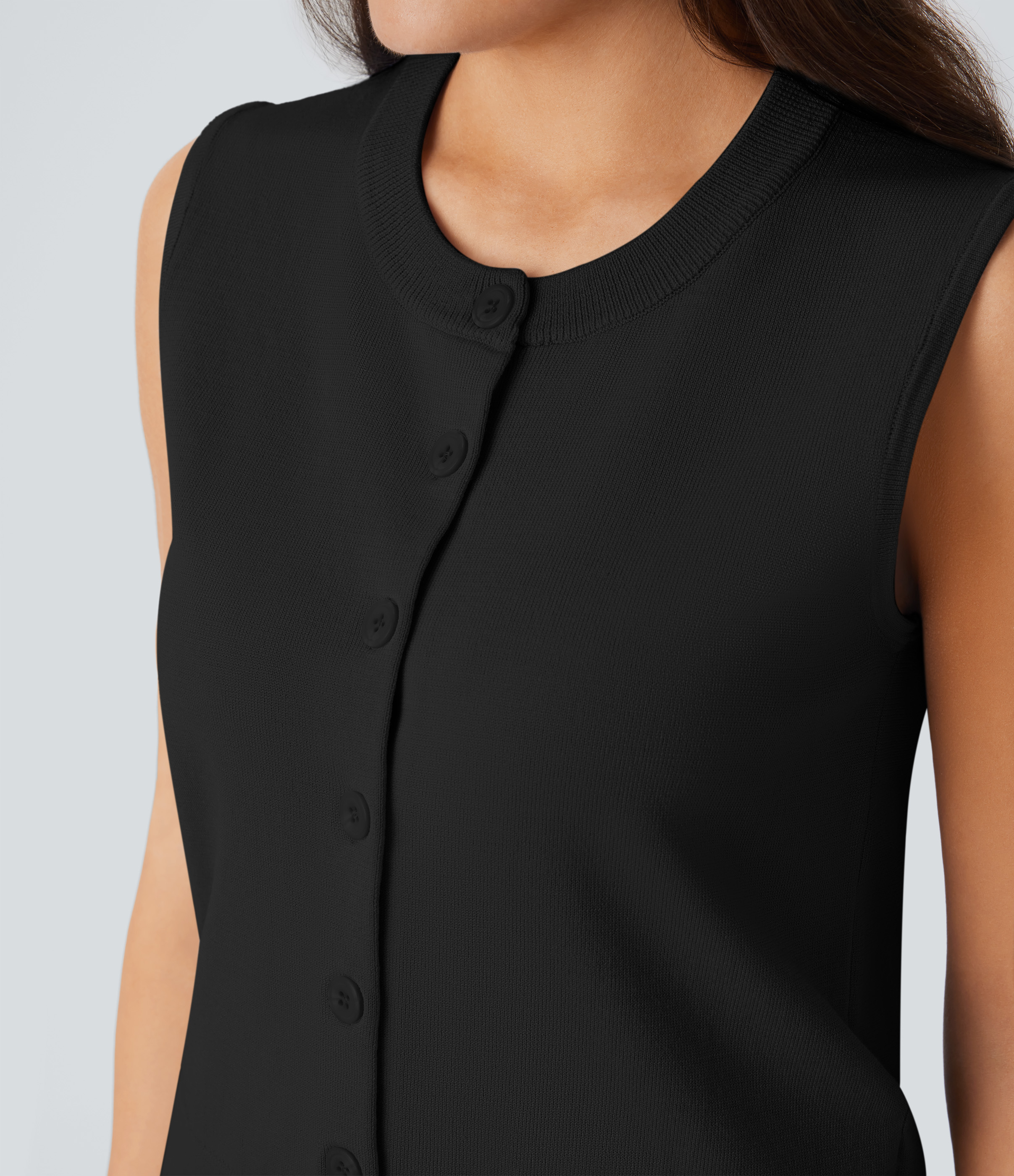 Halara Round Neck Button Front Casual Sweater Vest  - Black - XL 