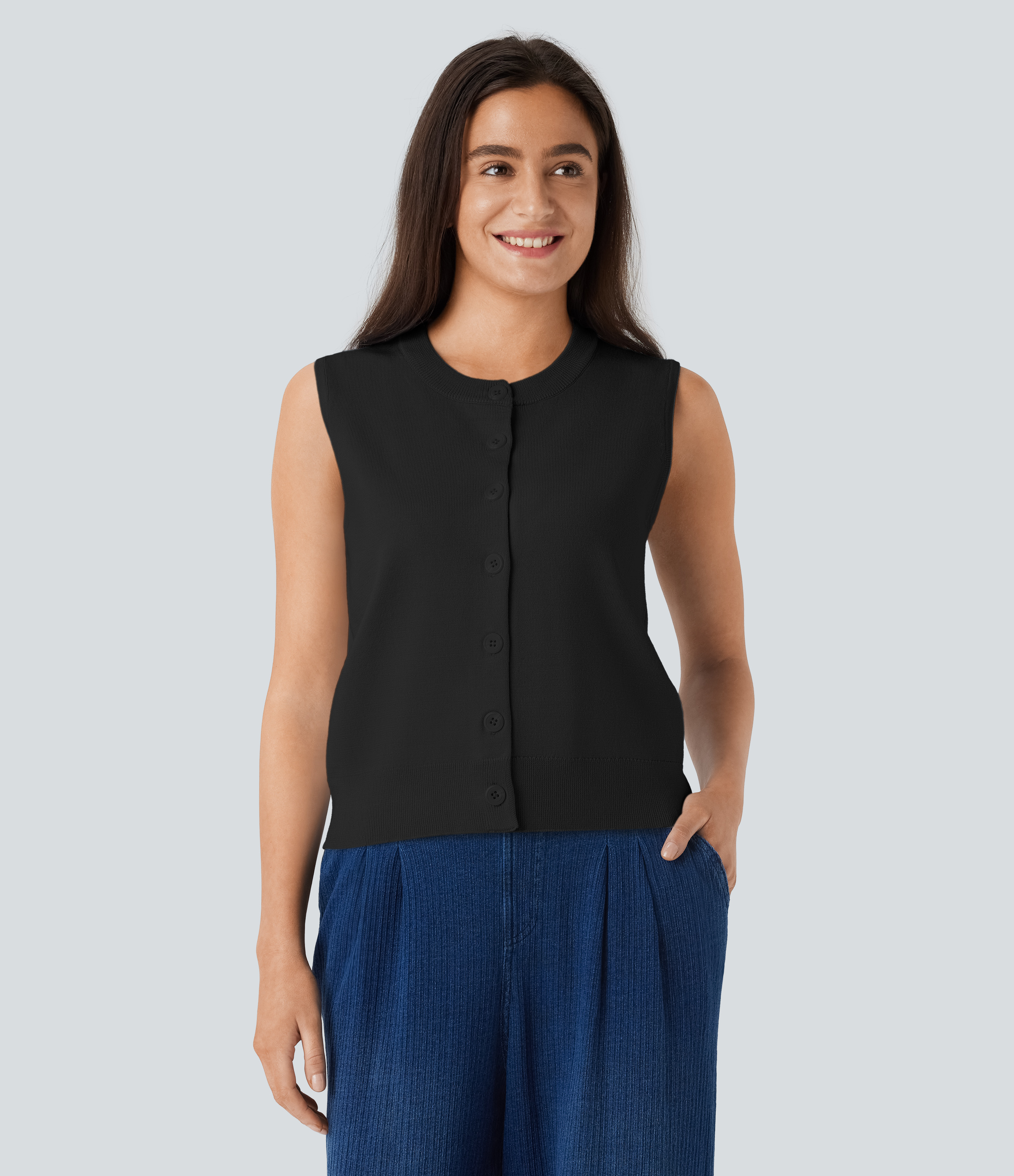 Halara Round Neck Button Front Casual Sweater Vest  - Black - XL 