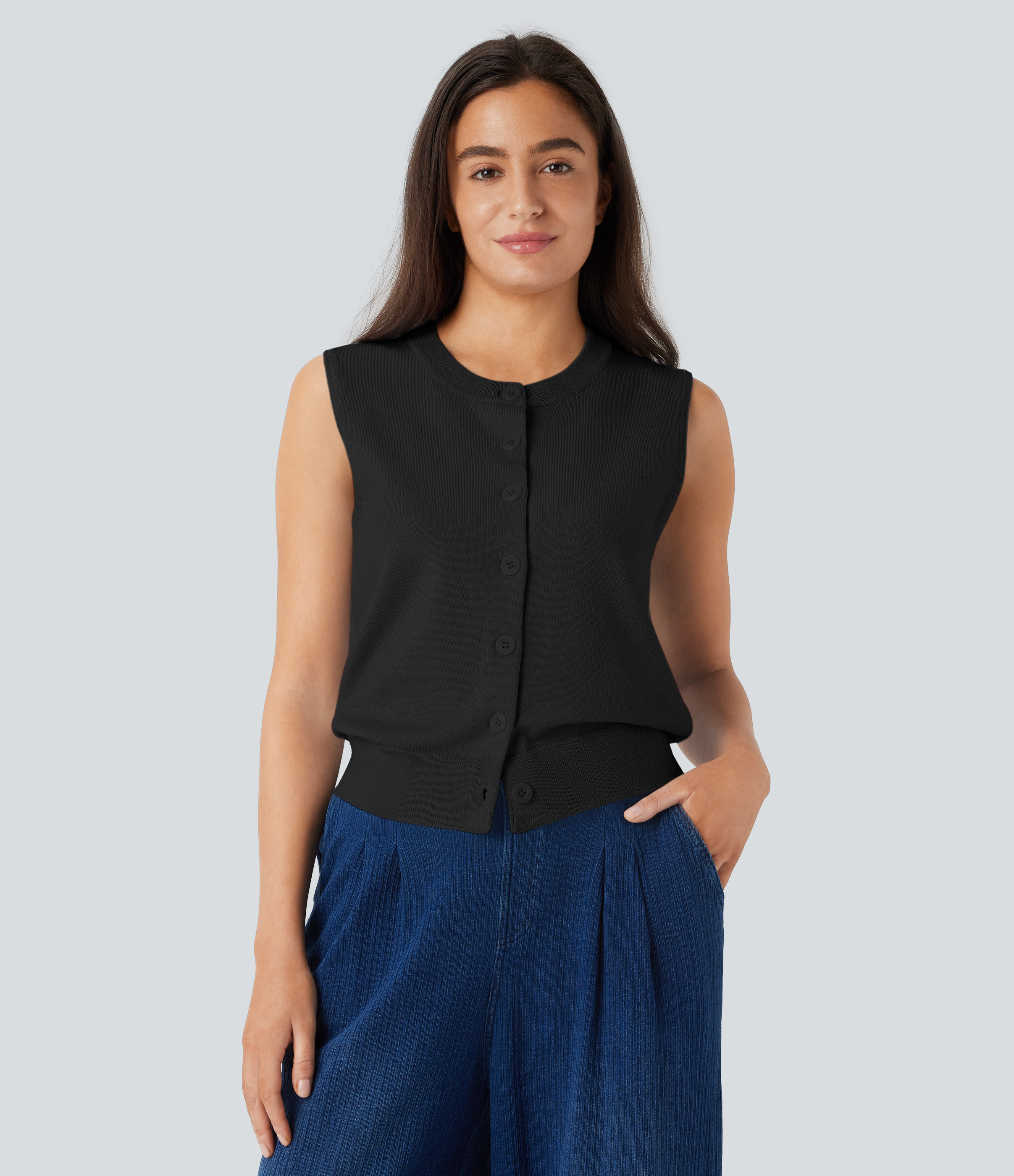Halara Round Neck Button Front Casual Sweater Vest  - Black - XL 