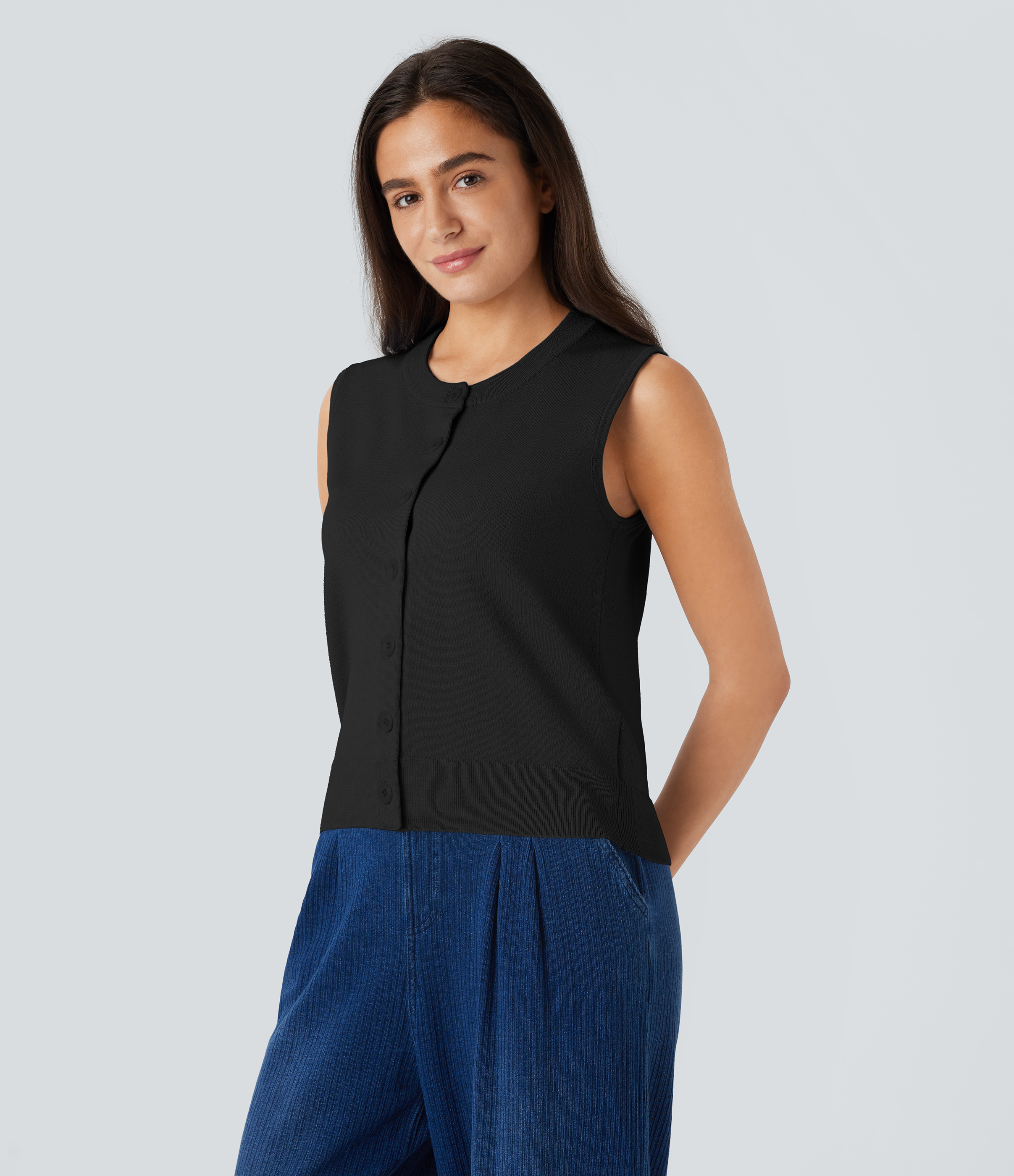 Halara Round Neck Button Front Casual Sweater Vest  - Black - XL 