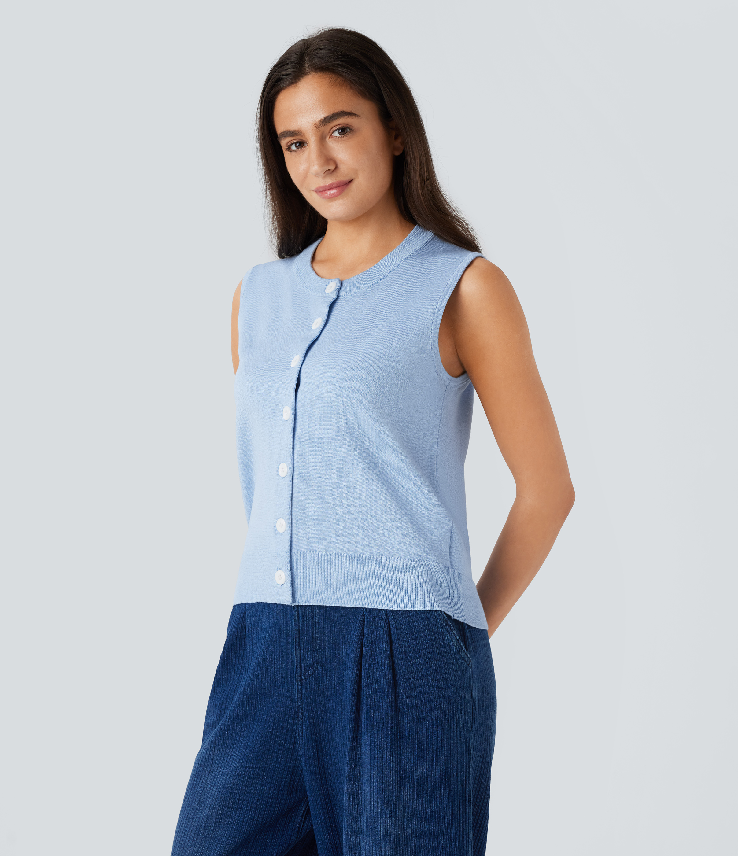 Halara Round Neck Button Front Casual Sweater Vest  - Ice Water - L 