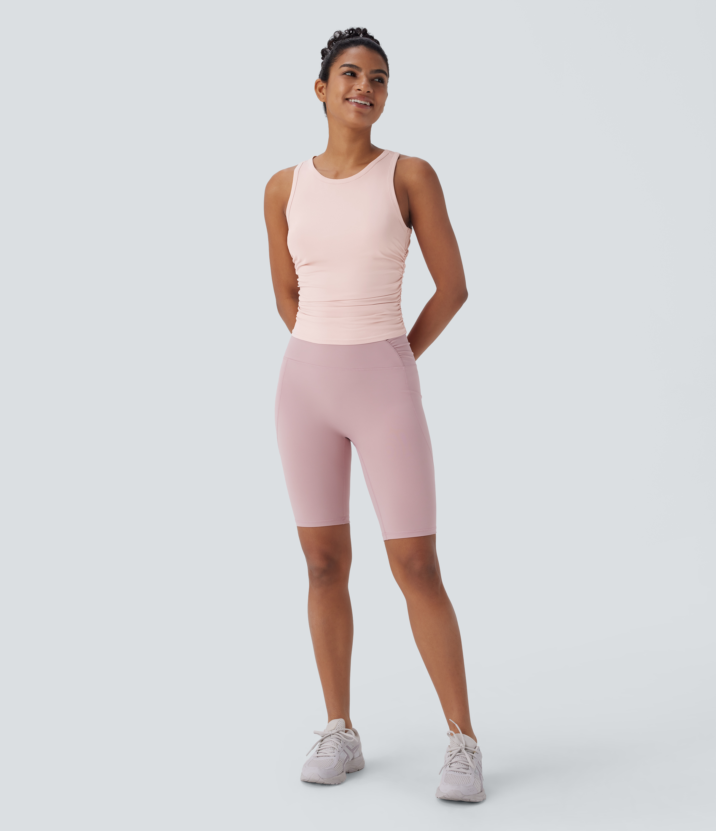 Halara Round Neck Racerback Ruched Yoga Tank Top Tank Top - Potpourri - XL golf tops halter top tunic tops sleeveless tops backless top 